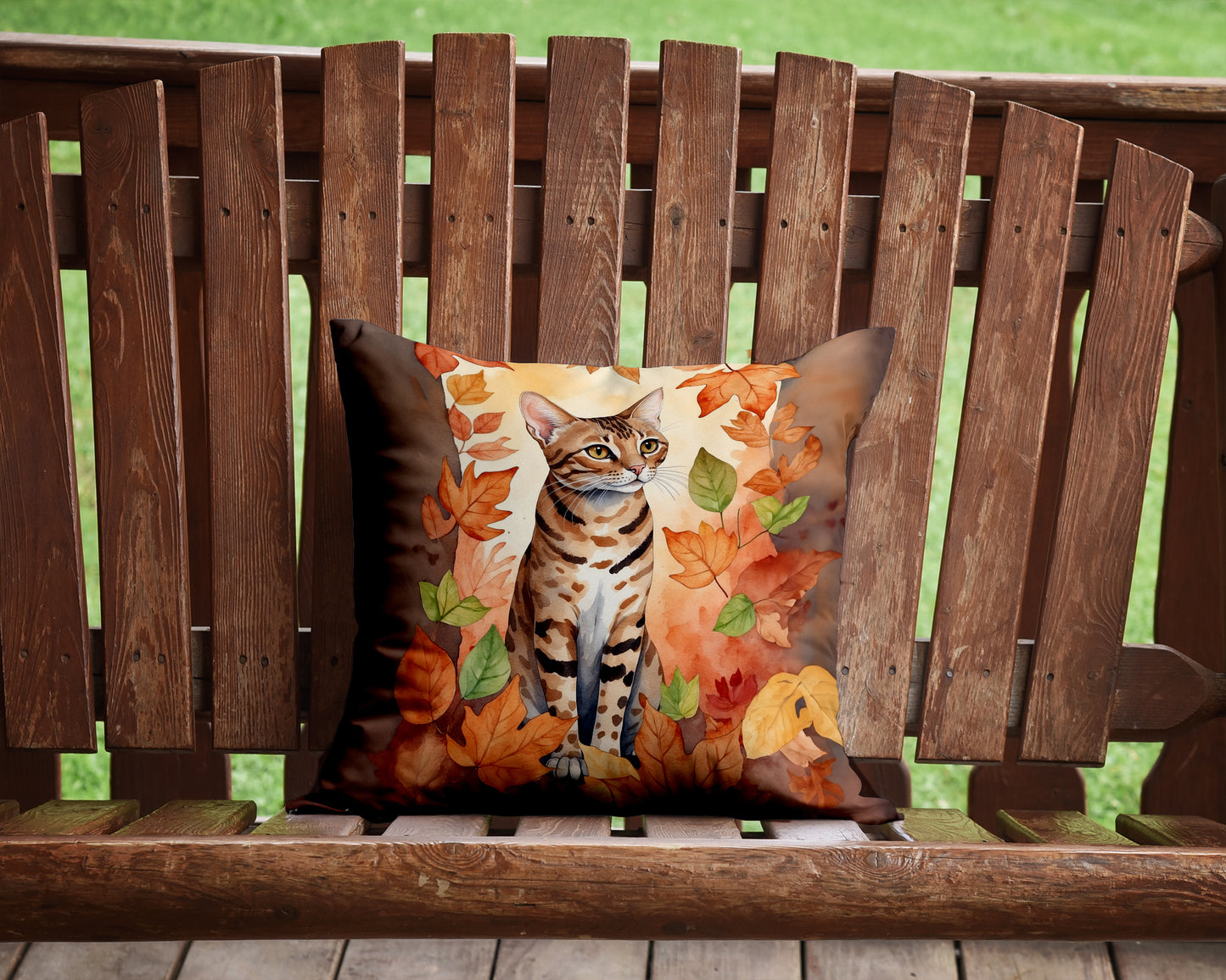 Ocicat Cat in Fall Leaves Throw Pillow Machine Washable, Indoor Outdoor Decorative Pillow for Couch, Bed or Patio, 14Hx14W