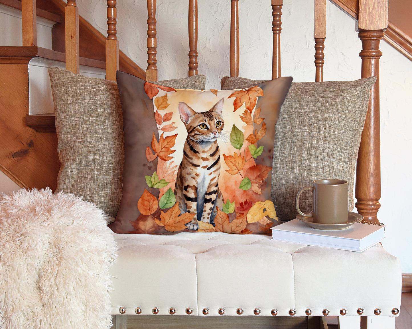 Ocicat Cat in Fall Leaves Throw Pillow Machine Washable, Indoor Outdoor Decorative Pillow for Couch, Bed or Patio, 14Hx14W