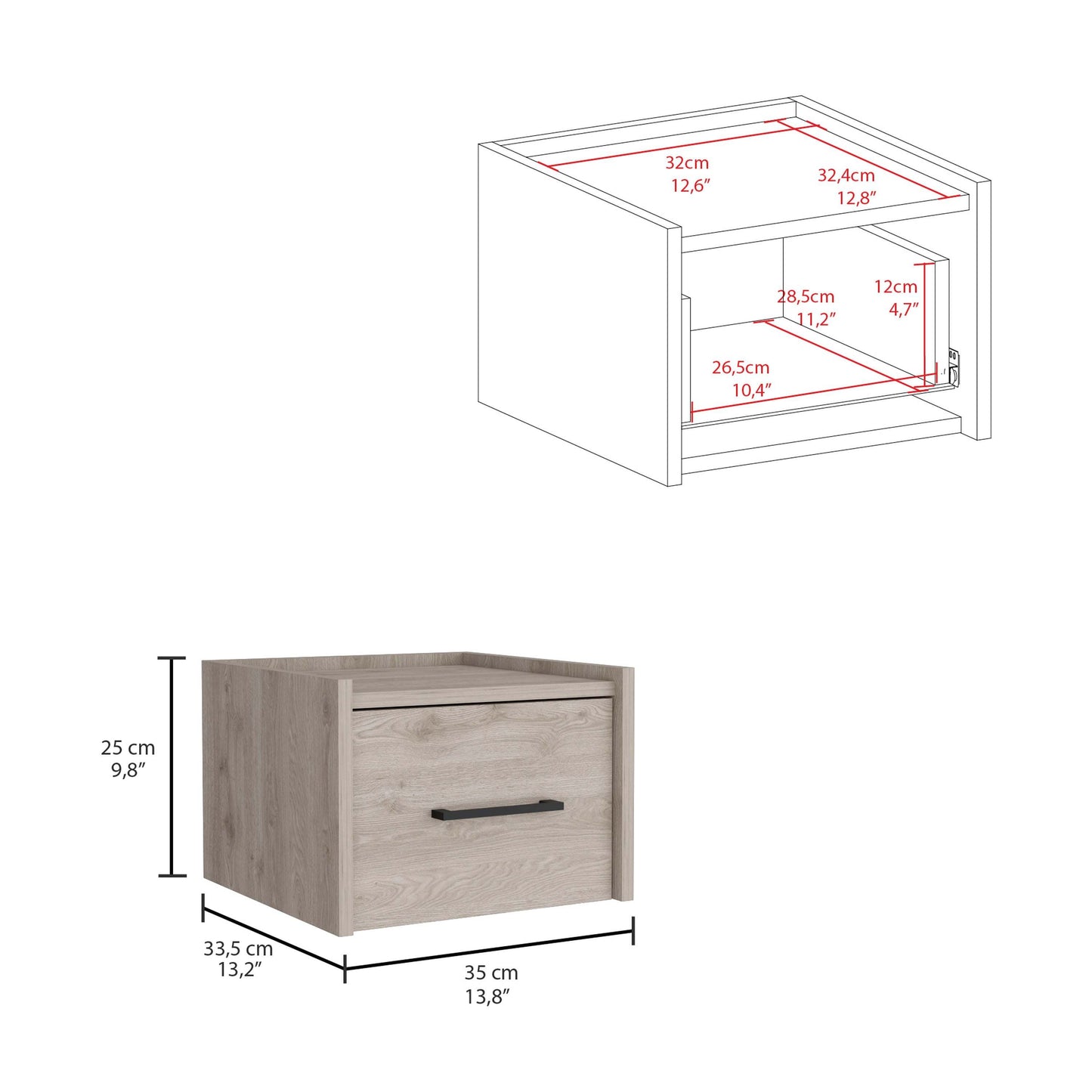 TUHOME Boa Floating Nightstand, Wall-Mounted Single Drawer Design with Handle- Light Grey - Bedroom