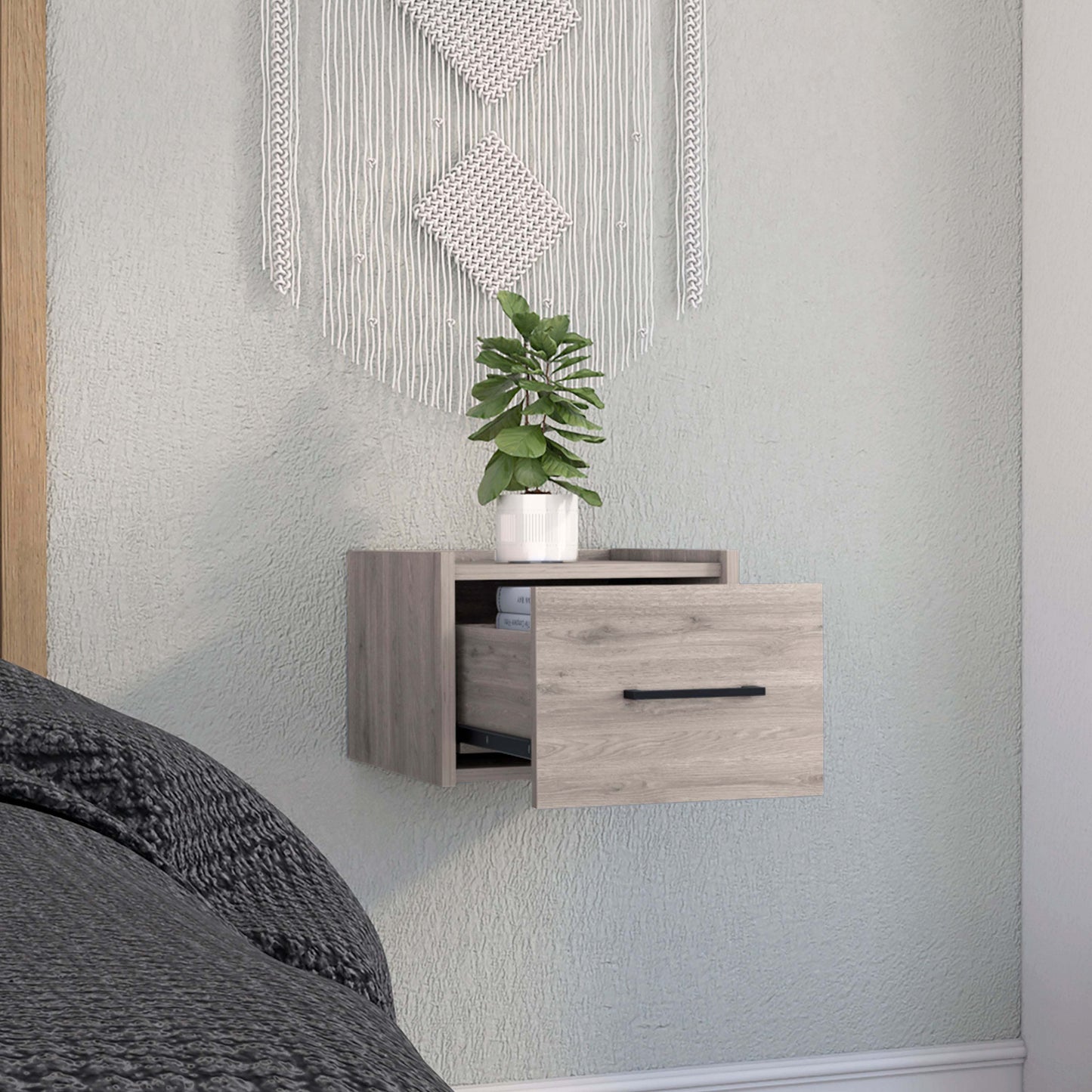 TUHOME Boa Floating Nightstand, Wall-Mounted Single Drawer Design with Handle- Light Grey - Bedroom