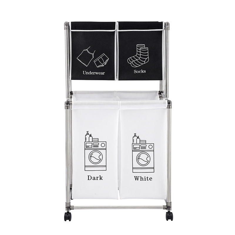 Laundry Basket 2 Tier Clothes Sorter with 4 Removable Bags to Organize Clothes, With Four Wheels, Easy to Move, Laundry, Light, Dark