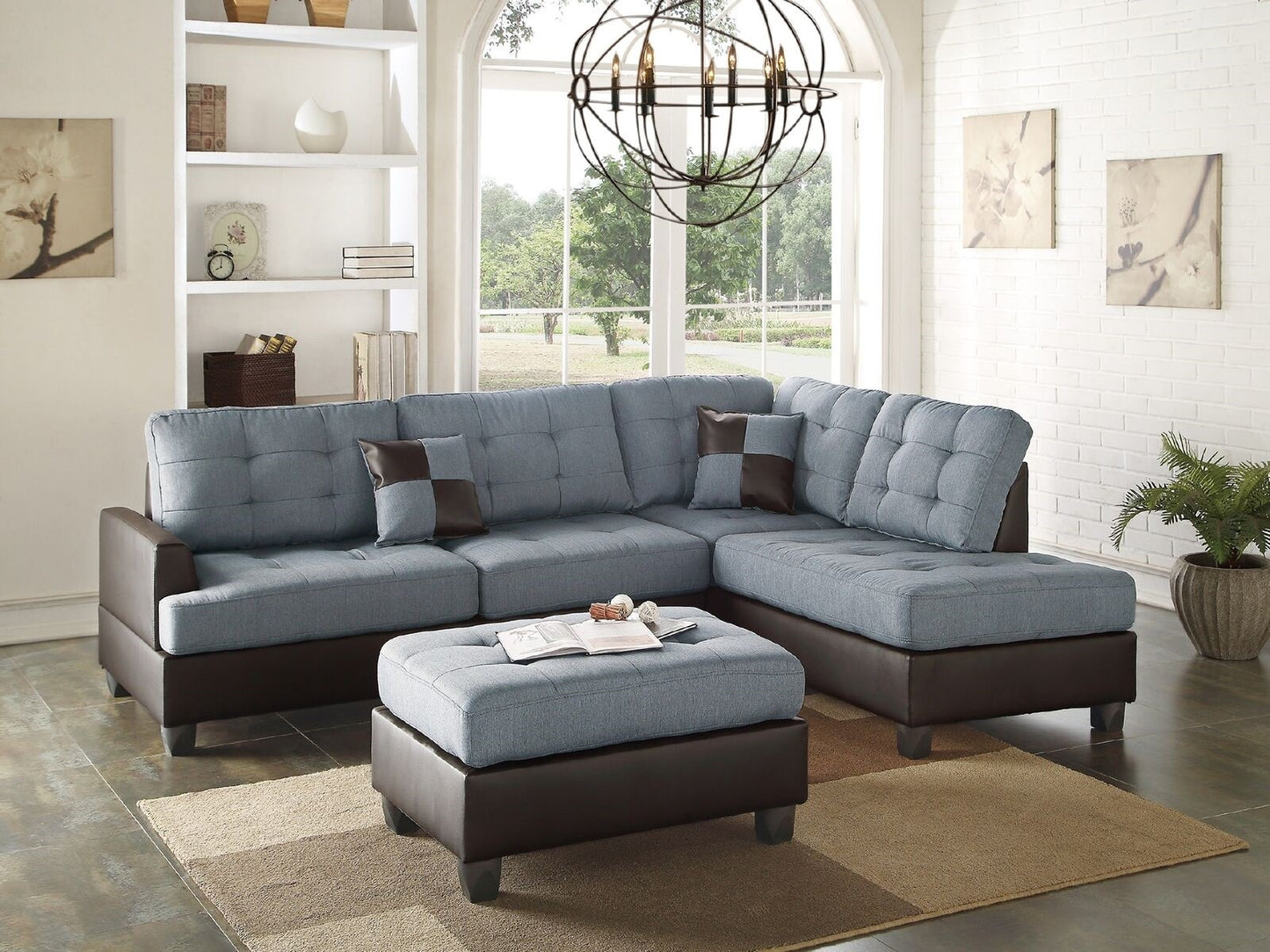 Contemporary Sectional Sofa Grey Polyfiber Linen Like Fabric Cushion Tufted Reversible 3pc Sectional Sofa L/R Chaise Ottoman Living Room Furniture Pillows