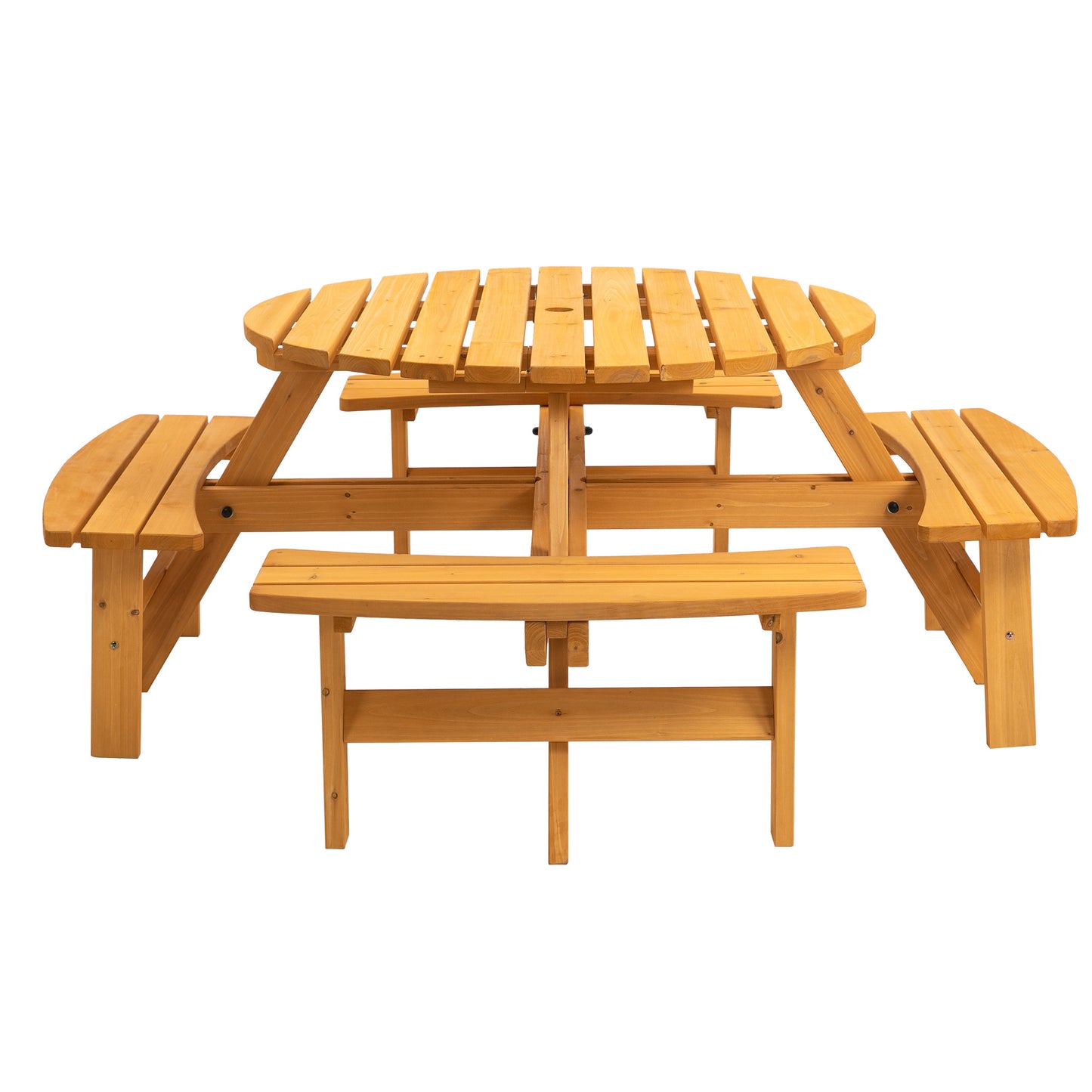 8 Person Wooden Picnic Table, Outdoor Camping Dining Table with Seat, Garden, DIY w/ 4 Built-in Benches, 2220lb Capacity - Natural