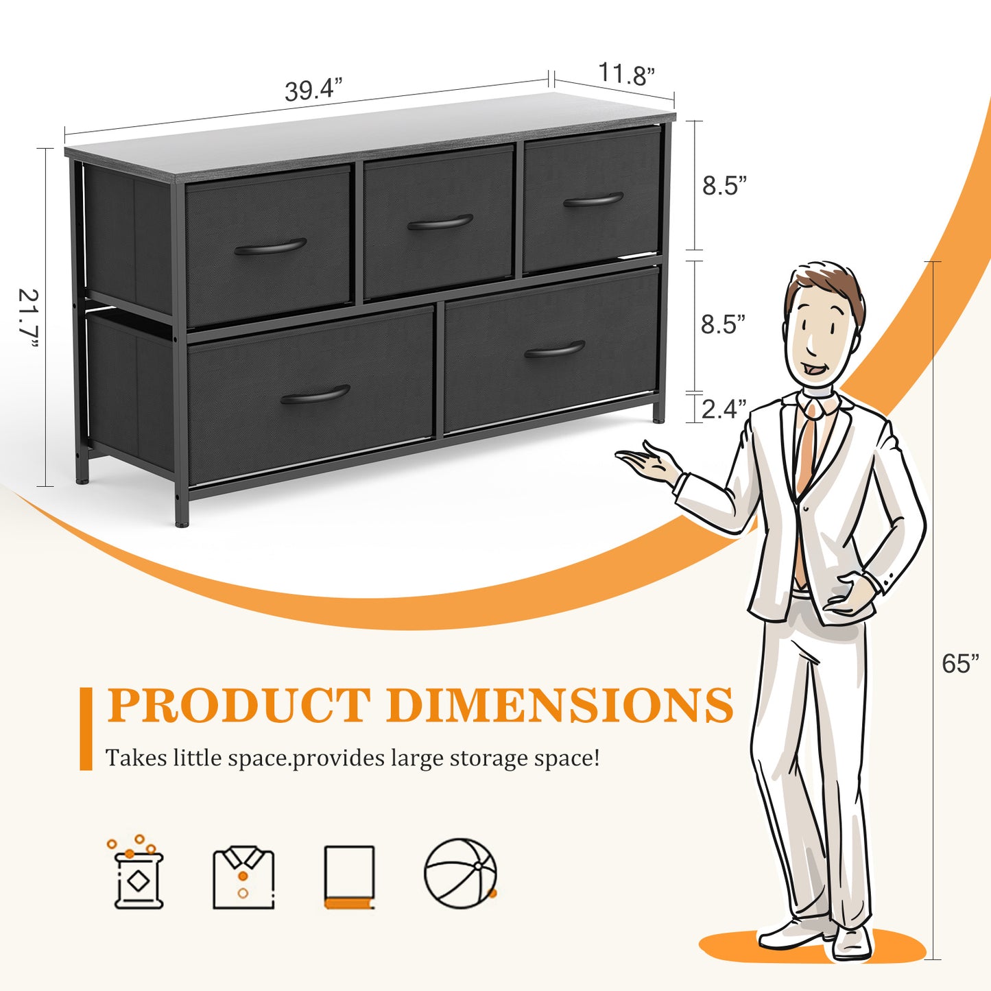 Sweetcrispy Dresser for Bedroom Storage Drawers Fabric Storage Tower with 5 Drawers, Chest of Drawers with Fabric Bins