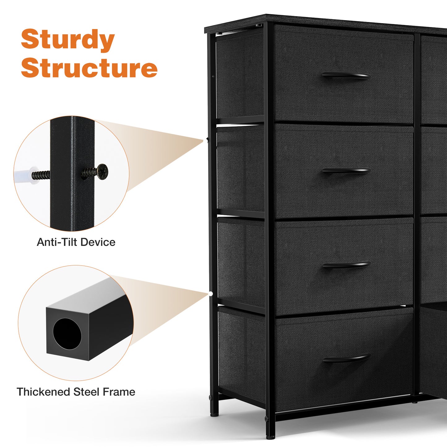 Sweetcrispy Dresser for Bedroom with 8 Drawers Tall Dresser & Chest of Drawers Fabric Dresser with Wood Top and Sturdy Steel Frame