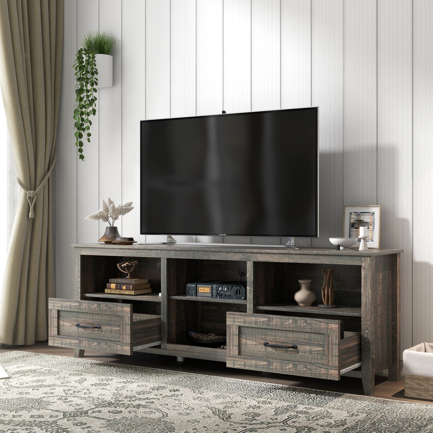 70 Inch Length TV Stand for Living Room and Bedroom, with 2 Drawers and 4 High-Capacity Storage Compartment, Black Pine