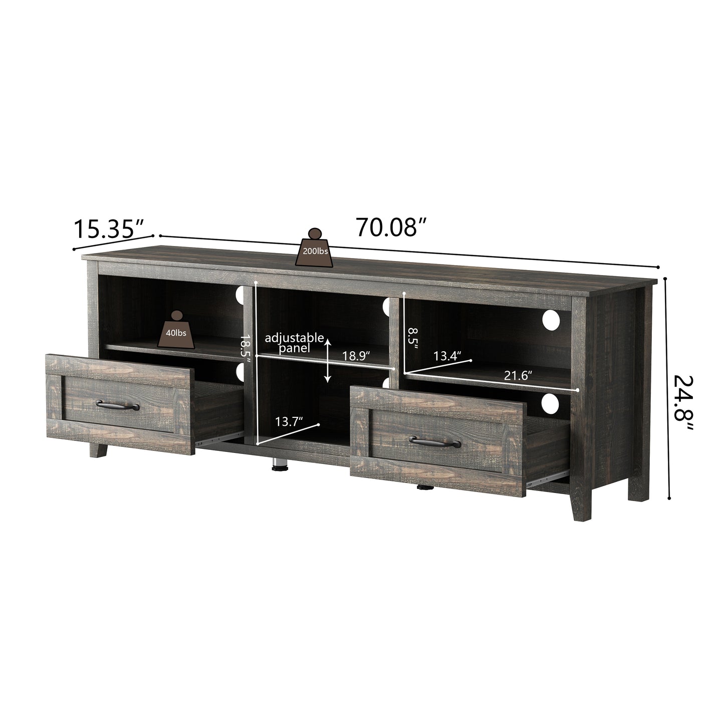 70 Inch Length TV Stand for Living Room and Bedroom, with 2 Drawers and 4 High-Capacity Storage Compartment, Black Pine