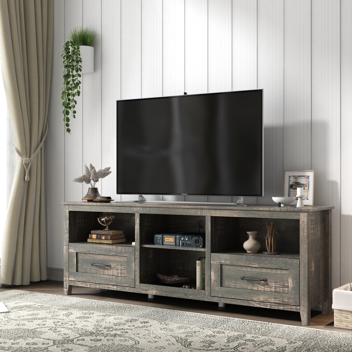 70 Inch Length TV Stand for Living Room and Bedroom, with 2 Drawers and 4 High-Capacity Storage Compartment, Black Pine