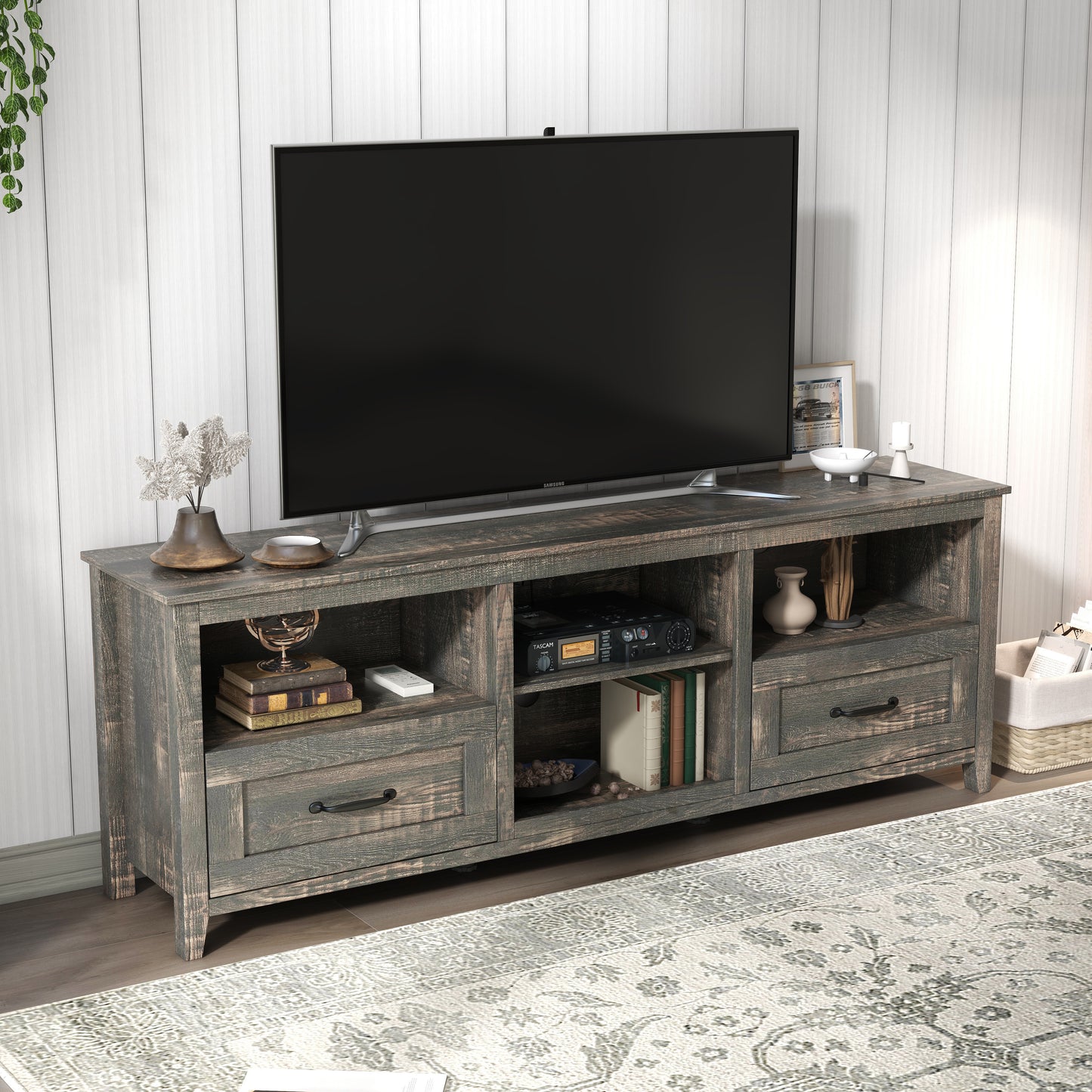 70 Inch Length TV Stand for Living Room and Bedroom, with 2 Drawers and 4 High-Capacity Storage Compartment, Black Pine