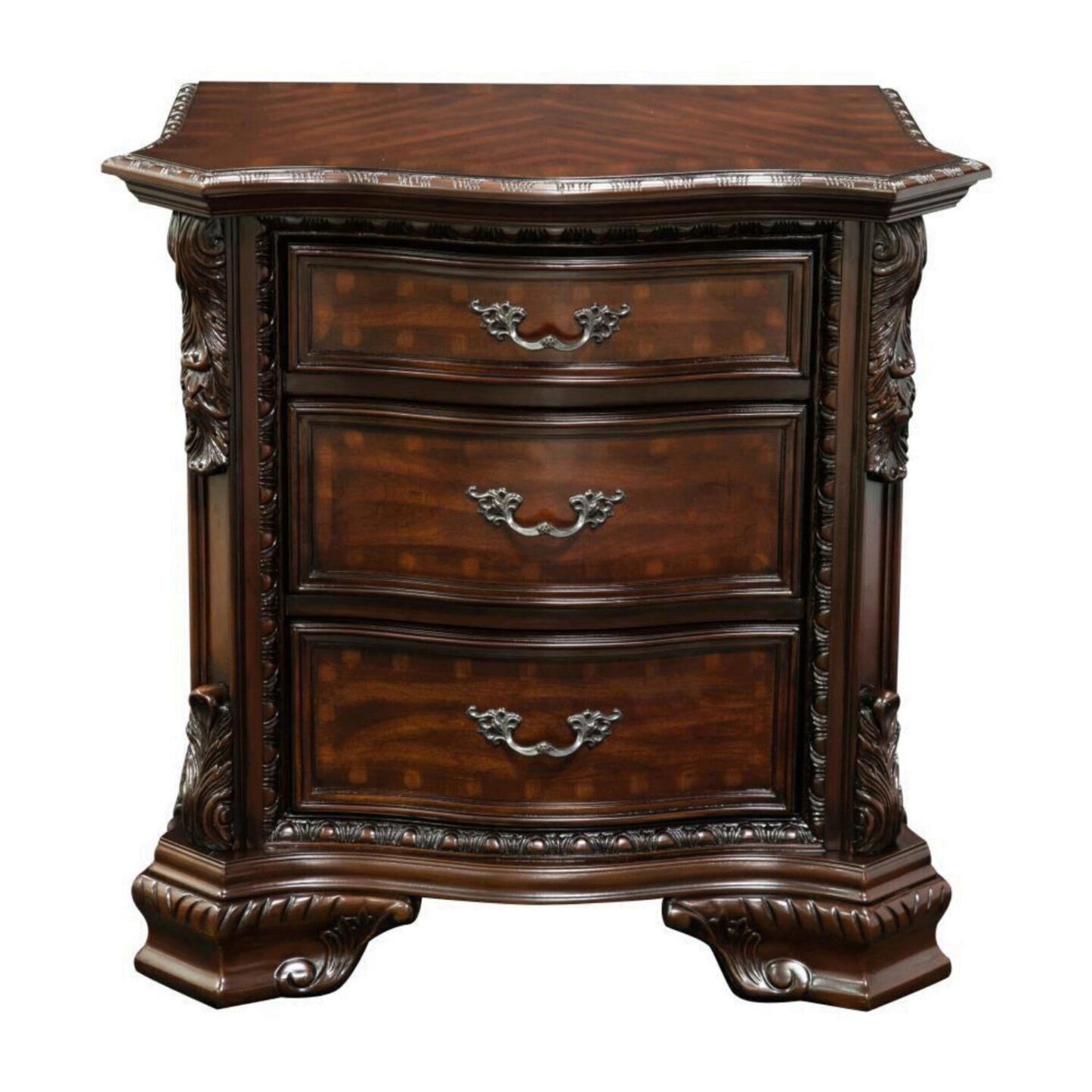 Formal Traditional 1pc Nightstand Only Brown Cherry Solid wood 3-Drawers Intricate Accents Glides Bronze Hanging Pulls Bedroom Furniture