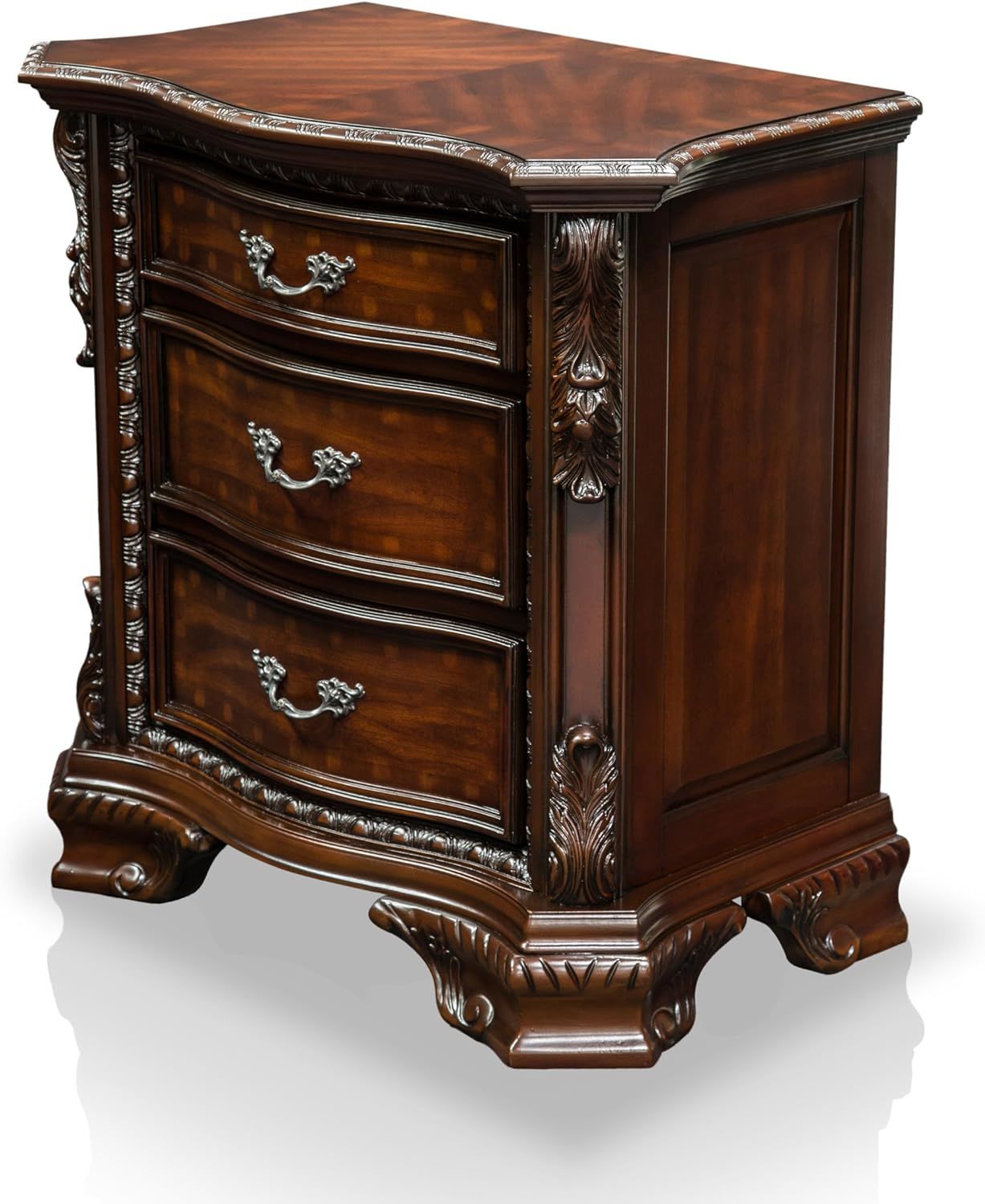 Formal Traditional 1pc Nightstand Only Brown Cherry Solid wood 3-Drawers Intricate Accents Glides Bronze Hanging Pulls Bedroom Furniture