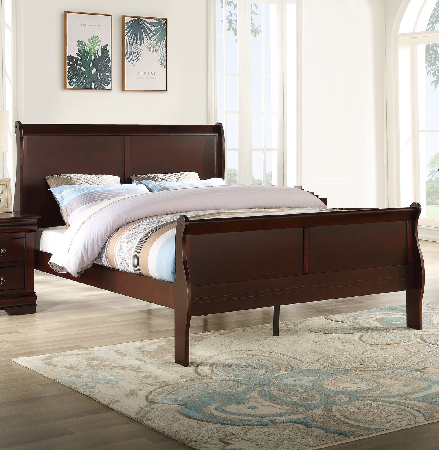 Louis Phillipe Brown Cherry Finish Queen Size Panel Sleigh Bed Solid Wood Wooden Bedroom Furniture