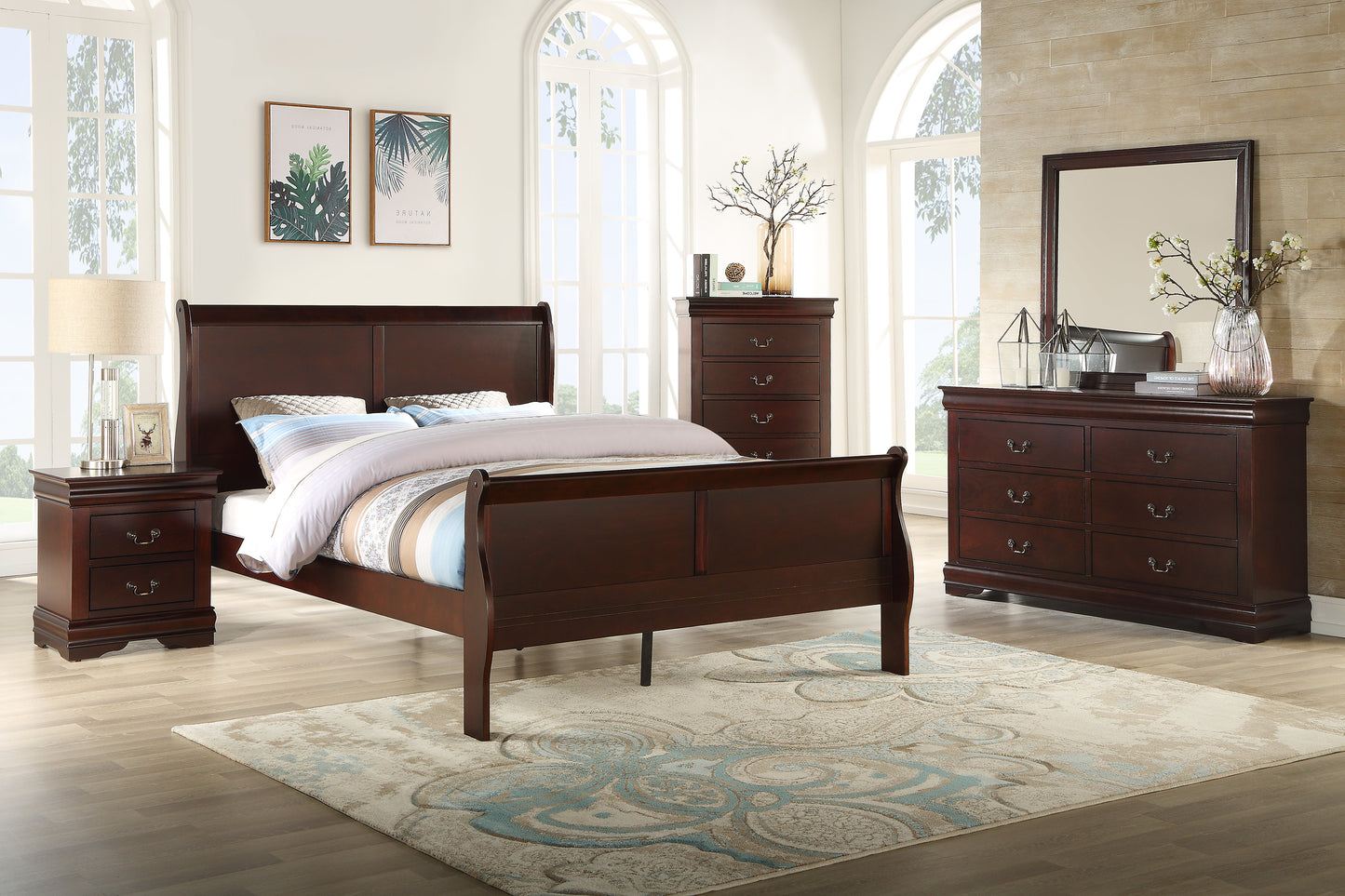 Louis Phillipe Brown Cherry Finish Queen Size Panel Sleigh Bed Solid Wood Wooden Bedroom Furniture