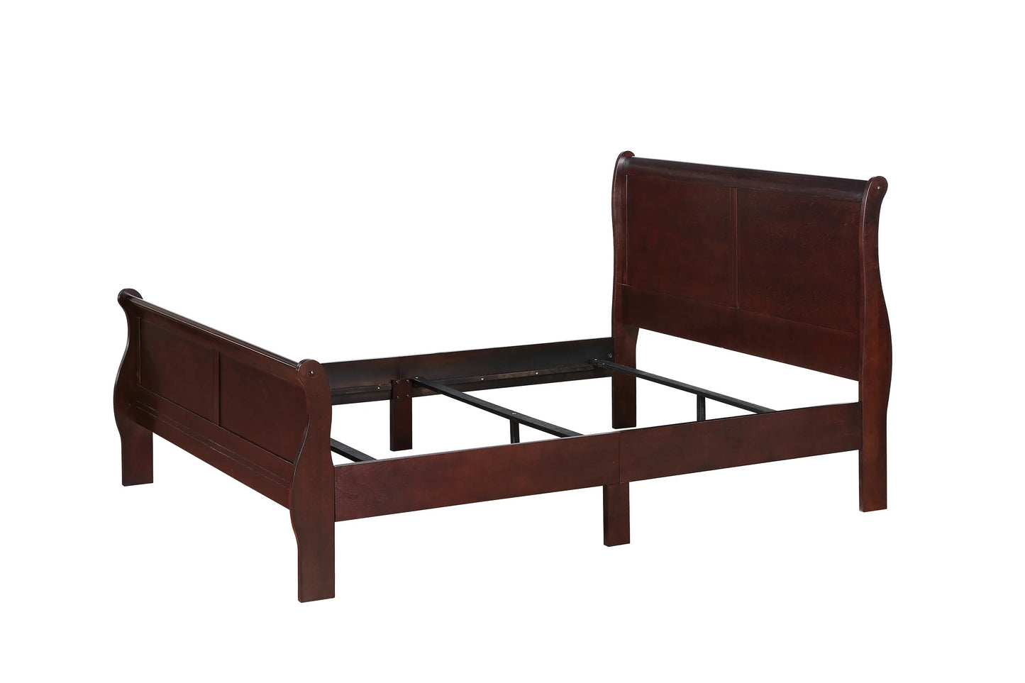 Louis Phillipe Brown Cherry Finish Queen Size Panel Sleigh Bed Solid Wood Wooden Bedroom Furniture