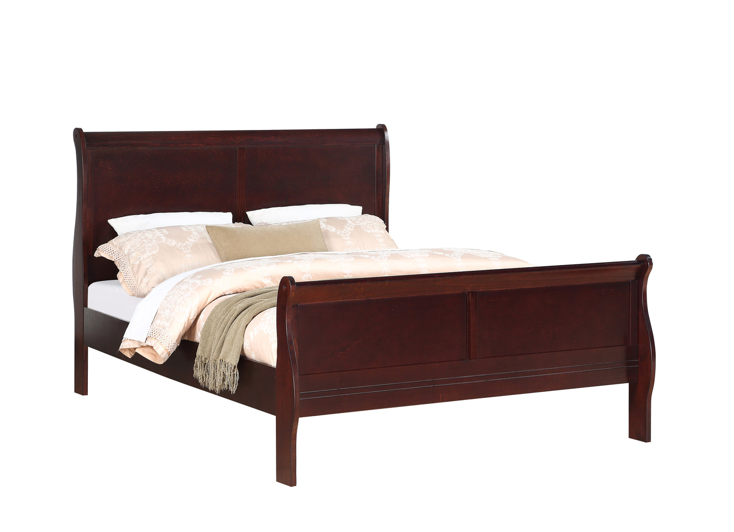 Louis Phillipe Brown Cherry Finish Queen Size Panel Sleigh Bed Solid Wood Wooden Bedroom Furniture