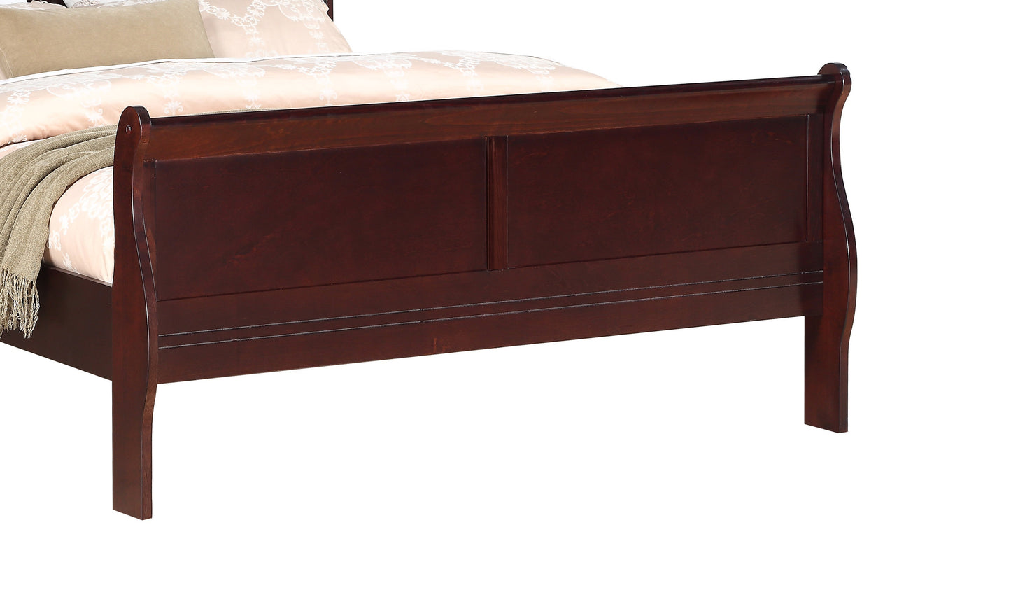 Louis Phillipe Brown Cherry Finish Queen Size Panel Sleigh Bed Solid Wood Wooden Bedroom Furniture