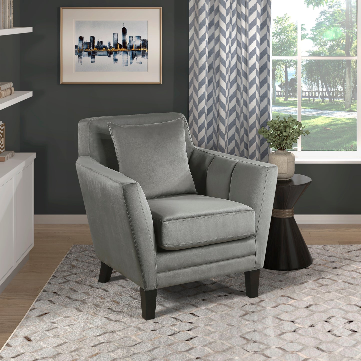 Stylish Home Accent Chair Gray Velvet Upholstery Matching Pillow Solid Wood Furniture Living Room 1pc