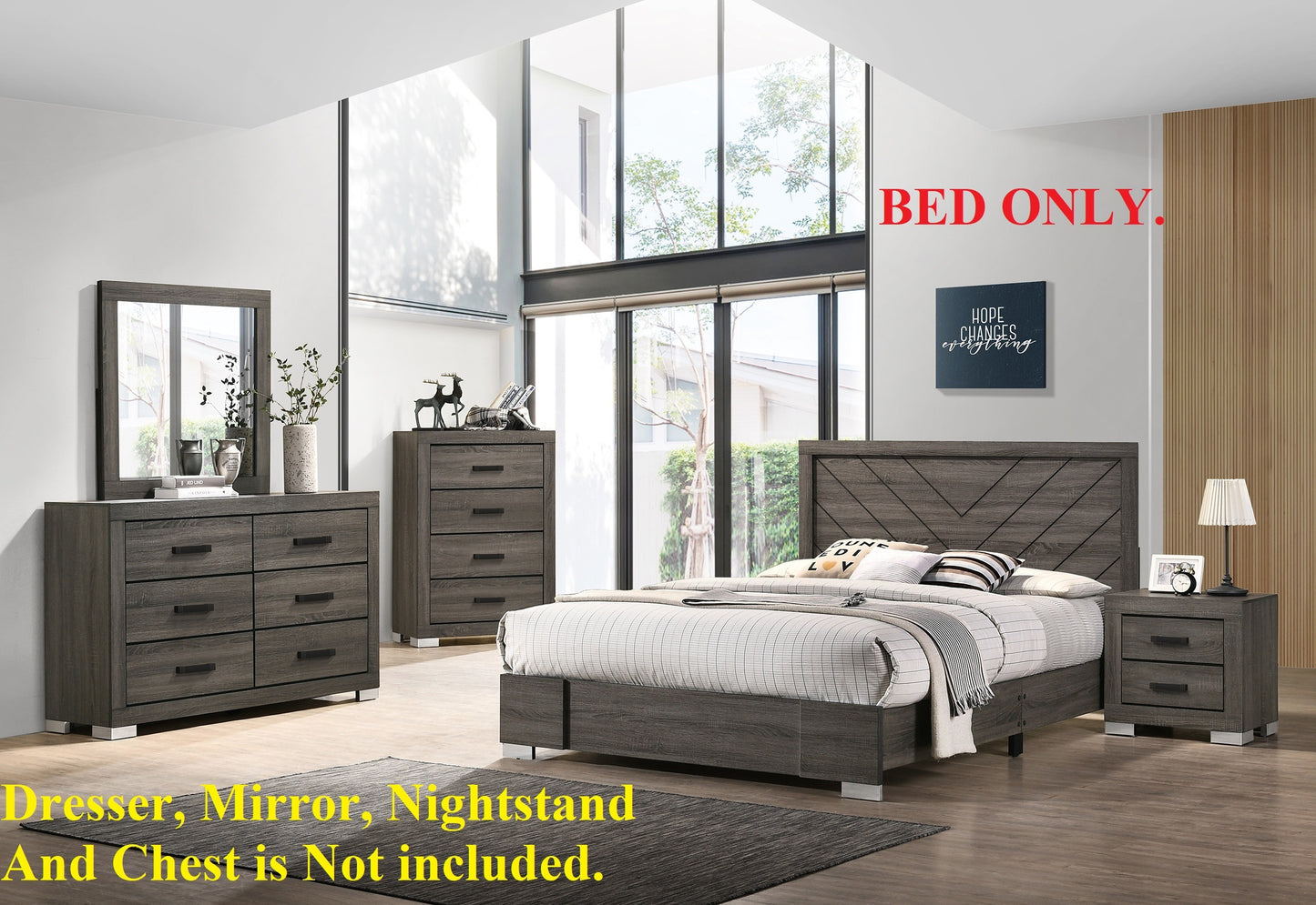 Contemporary Grey Finish Unique Queen Size Bed 1pc Bedroom Furniture Unique Lines Headboard Wooden