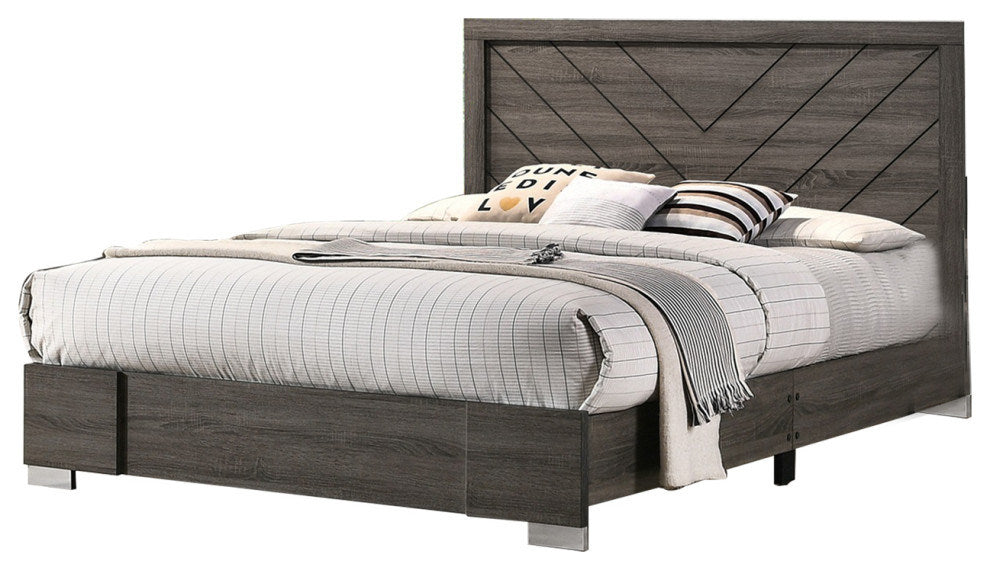 Contemporary Grey Finish Unique Queen Size Bed 1pc Bedroom Furniture Unique Lines Headboard Wooden