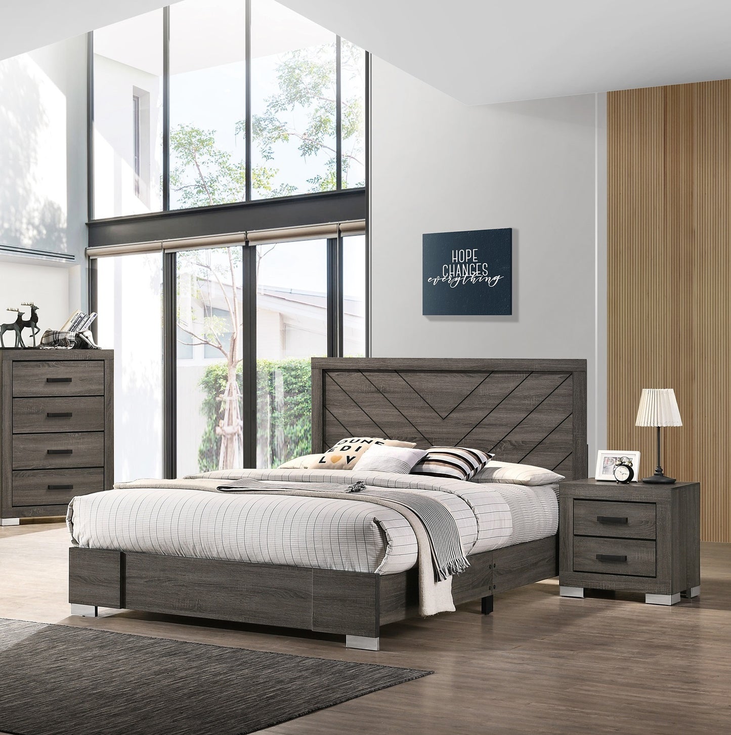 Contemporary Grey Finish Unique Queen Size Bed 1pc Bedroom Furniture Unique Lines Headboard Wooden