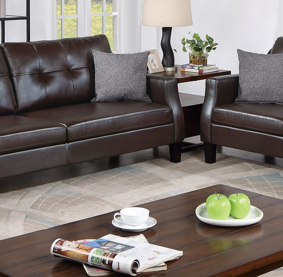 Contemporary Living Room Furniture 2-Pcs Sofa Set Dark Brown Gel Leatherette Couch Sofa And Loveseat Plush Cushion Tufted Plush Sofa Pillows