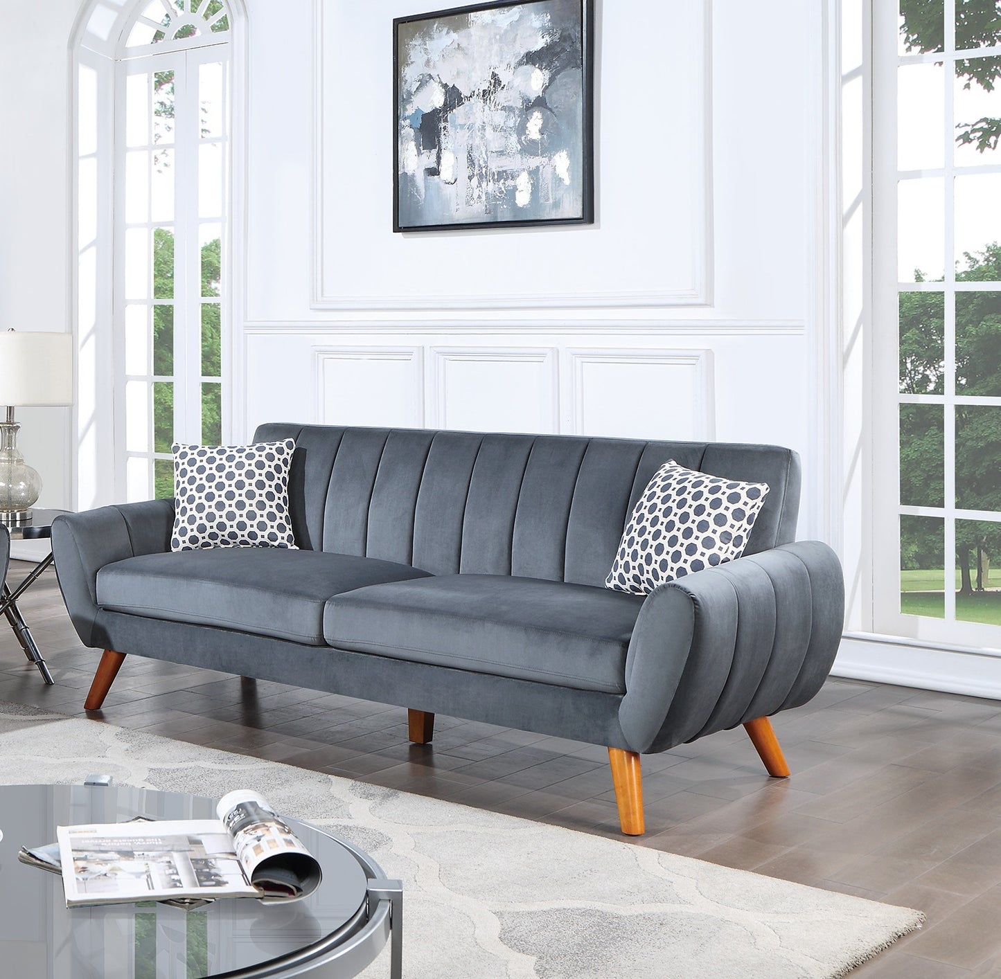 Contemporary 2-Pcs Sofa Set Living Room Furniture Dark Gray Velvet Couch Sofa And Loveseat Plush Cushion Unique Lines Plush Sofa.