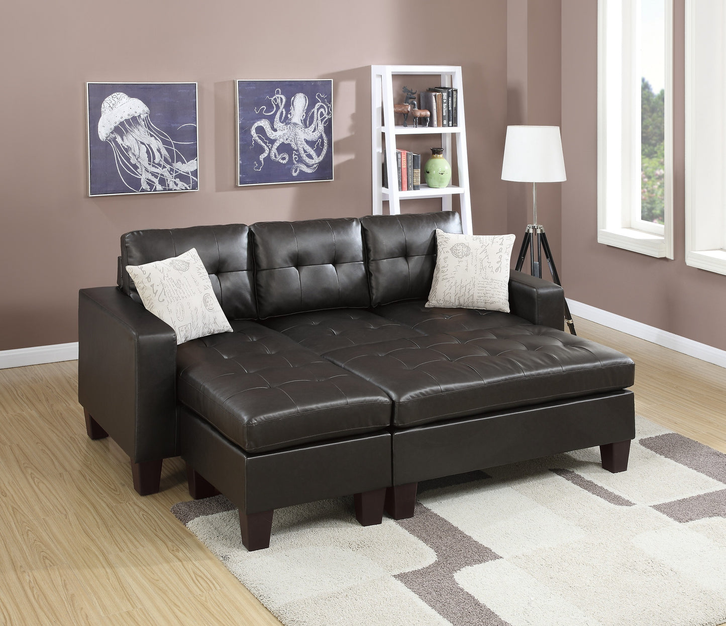 Espresso Faux Leather 3pcs Reversible Sectional Sofa Chaise w Ottoman Chaise Tufted Couch Lounge Living Room Furniture