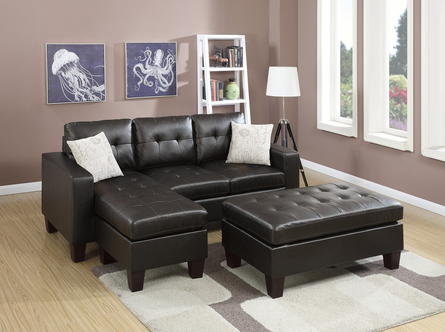 Espresso Faux Leather 3pcs Reversible Sectional Sofa Chaise w Ottoman Chaise Tufted Couch Lounge Living Room Furniture