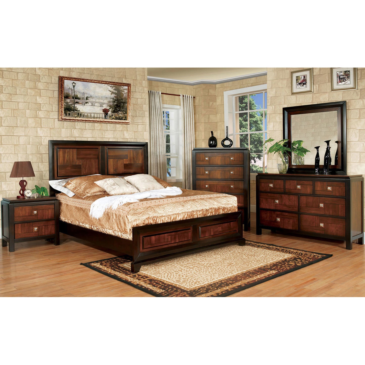 Transitional Queen Size Bed Acacia / Walnut Solidwood 1pcs Bed Bedroom Furniture Parquet Design Headboard And Footboard Bedframe