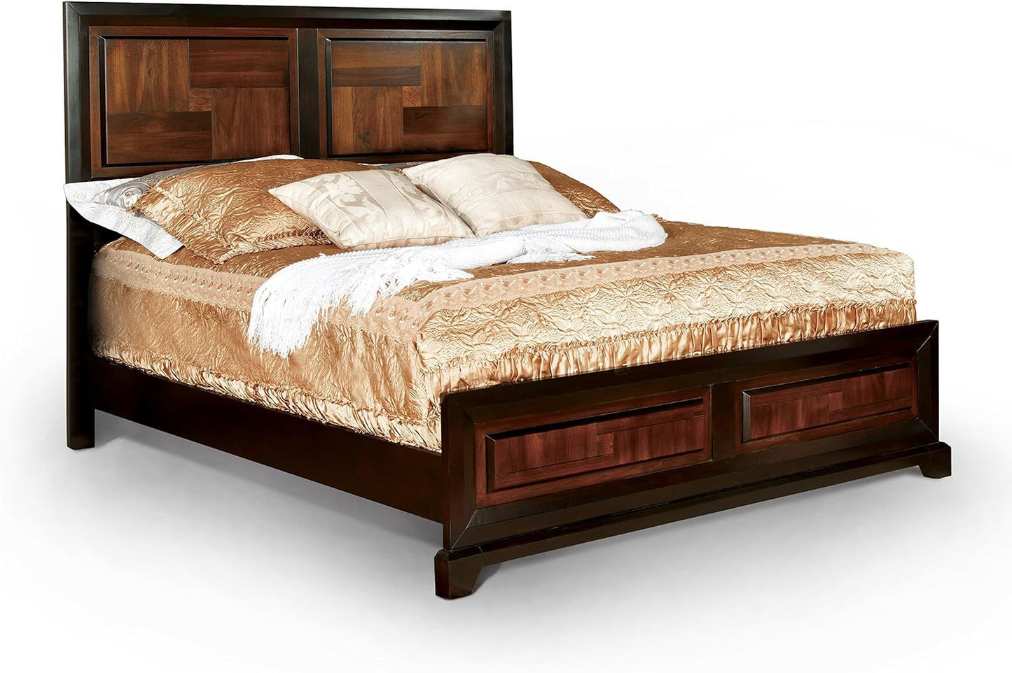 Transitional Queen Size Bed Acacia / Walnut Solidwood 1pcs Bed Bedroom Furniture Parquet Design Headboard And Footboard Bedframe