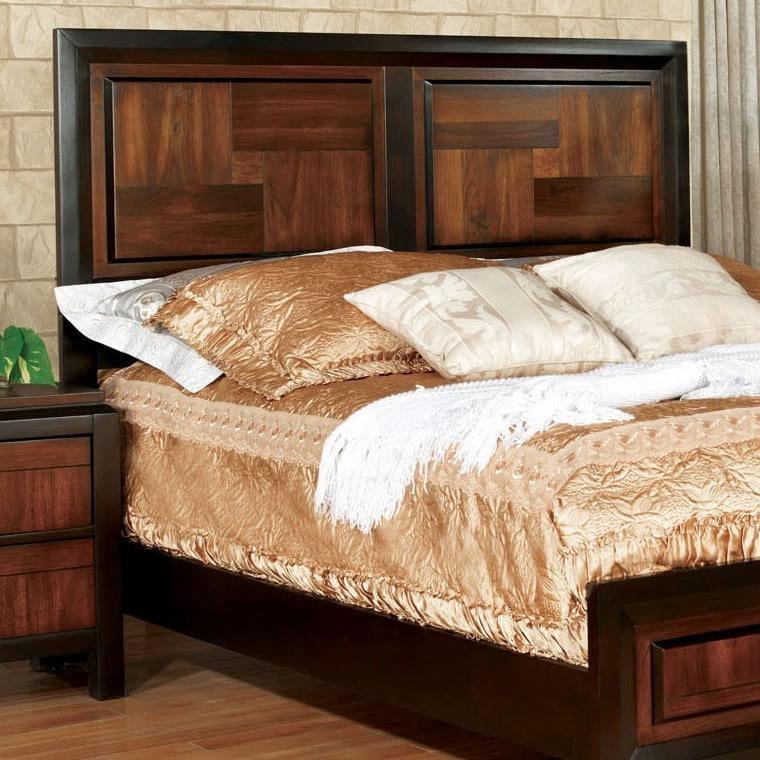 Transitional Queen Size Bed Acacia / Walnut Solidwood 1pcs Bed Bedroom Furniture Parquet Design Headboard And Footboard Bedframe