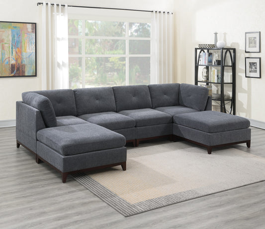 Ash Grey Chenille Fabric Modular Sectional 6pc Set Living Room Furniture U-Sectional Couch 2x Corner Wedge 2x Armless Chairs and 2x Ottomans Tufted Back.