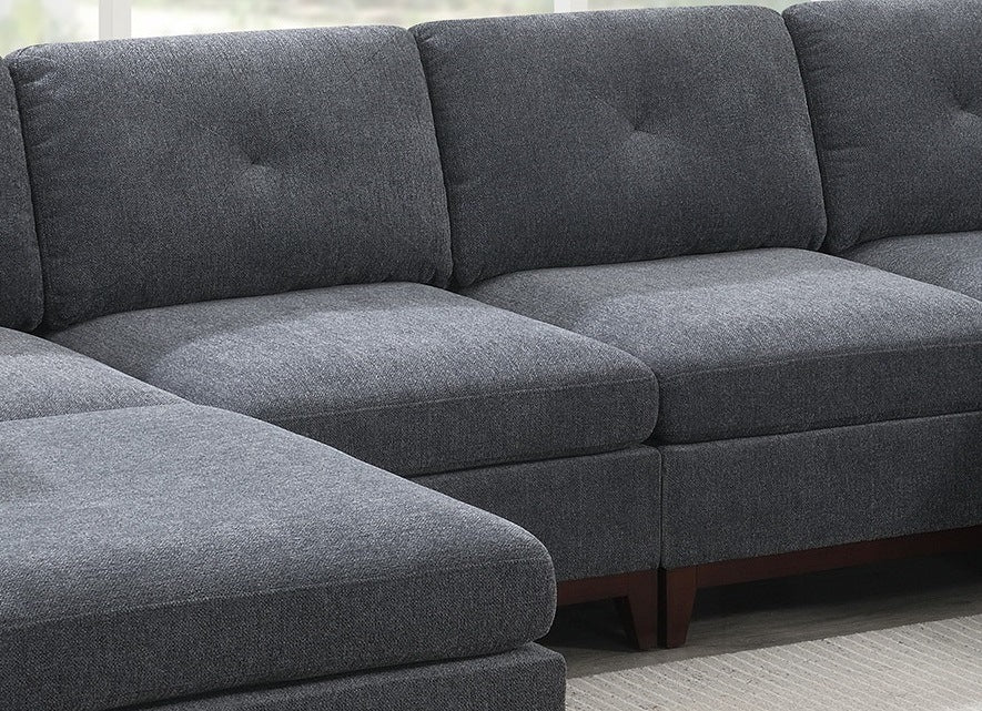 Ash Grey Chenille Fabric Modular Sectional 6pc Set Living Room Furniture U-Sectional Couch 2x Corner Wedge 2x Armless Chairs and 2x Ottomans Tufted Back.