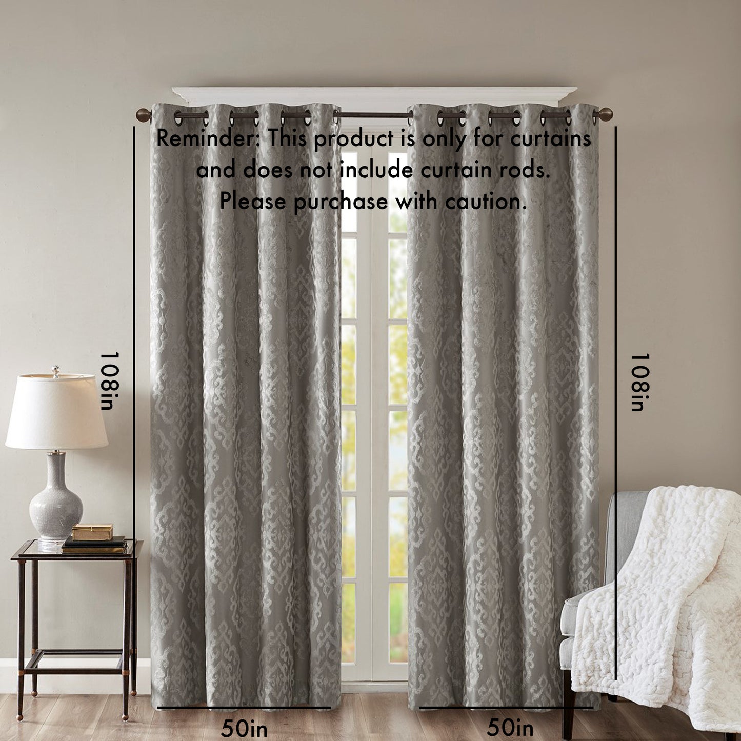 Knitted Jacquard Damask Total Blackout Grommet Top Curtain Panel(Only 1 Pc Panel)