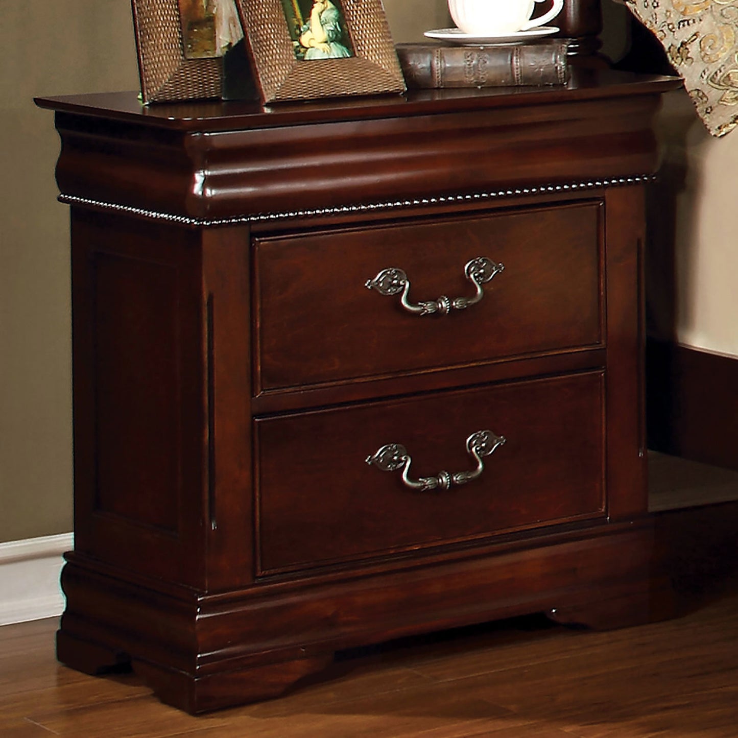 Traditional Style Cherry 1pc Nightstand Only Solid wood 2-Drawers Hidden Top Drawer Intricate Accents Bedside Table Bedroom