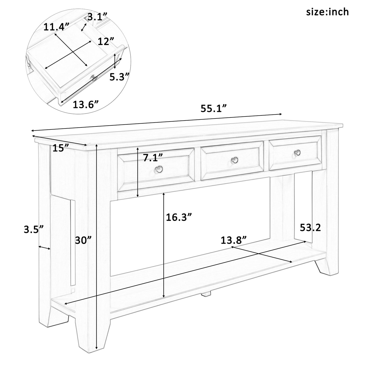 U_STYLE 55'' Modern Console Table Sofa Table for Living Room with 3 Drawers and 1 Shelf (As Same As WF299185AAC)