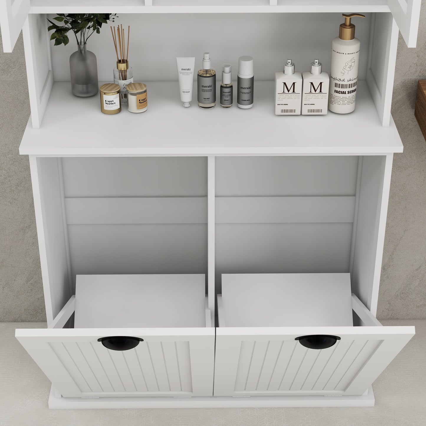 Two-Compartment Tilt-Out Dirty Laundry Basket Tall Bathroom Cabinet with 2 Adjustable Shelves-White