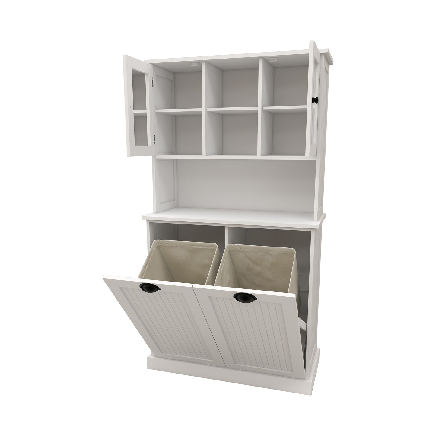 Two-Compartment Tilt-Out Dirty Laundry Basket Tall Bathroom Cabinet with 2 Adjustable Shelves-White