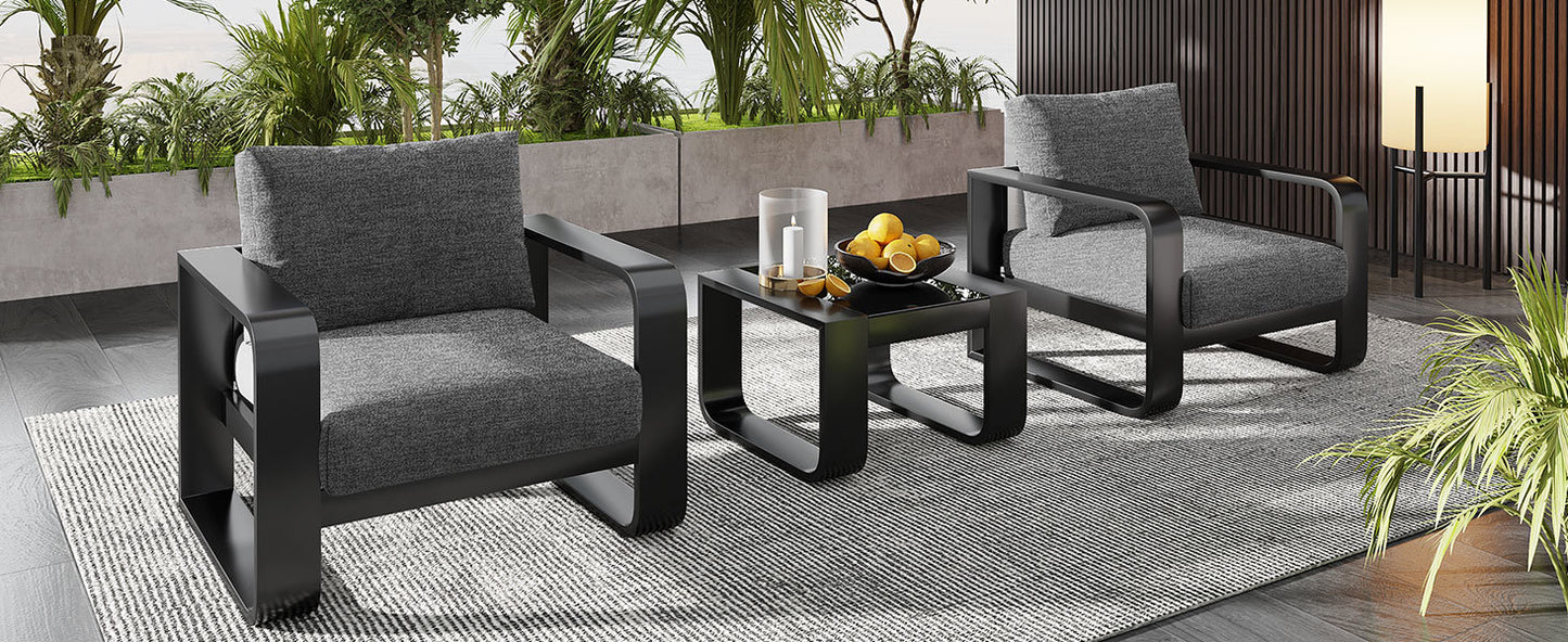 GO 3-pieces Aluminum Frame Patio Furniture With 6.7" Thick Cushion And Coffee Table, All Weather Use Olefin fabric Outdoor Chair, Gray And Black