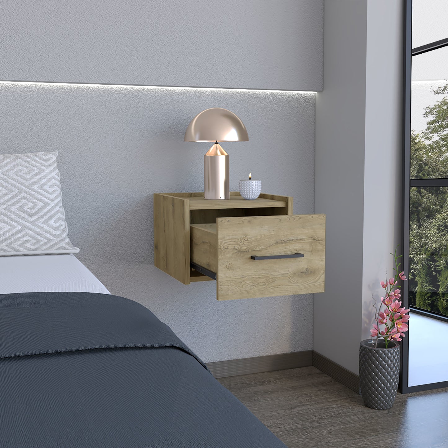 Yorktown Floating Nightstand, Space-Saving Design with Handy Drawer and Surface, Macadamia