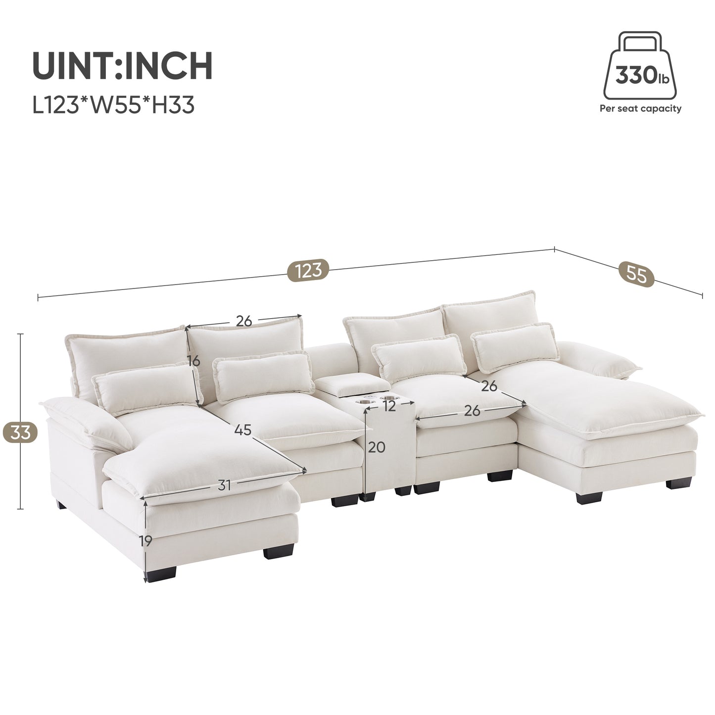 [VIDEO provided][New]123*55" Modern U-shaped Sofa with Console,Cupholders and USB Ports,6-seat Upholstered Symmetrical Indoor Furniture,Sleeper Couch Set with Chaise for Living Room,Apartment,2 Colors