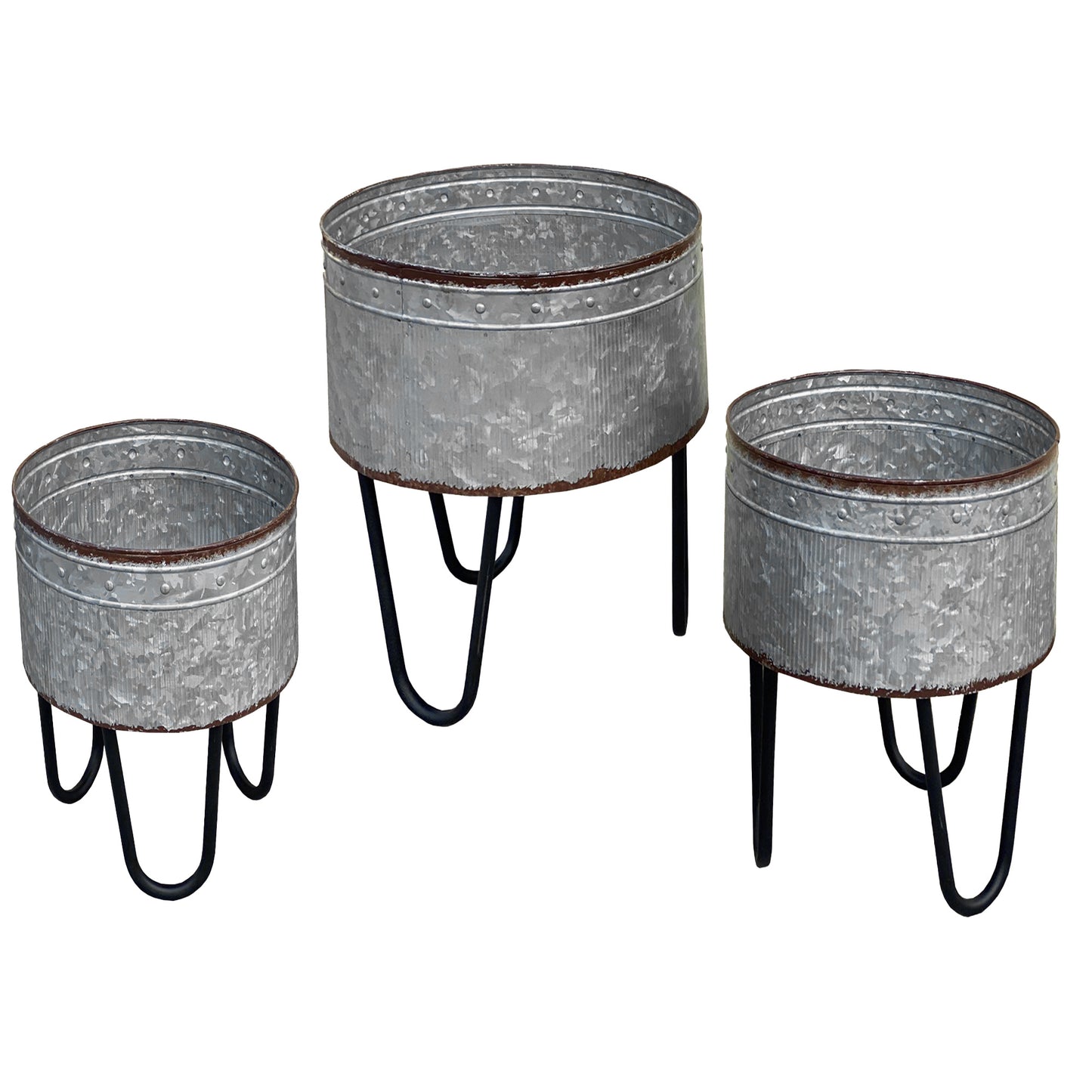 Galvanized Sheet Planter Tubs, Iron Powder Coated Hairpin Legs, Set of 3, Gray, Black