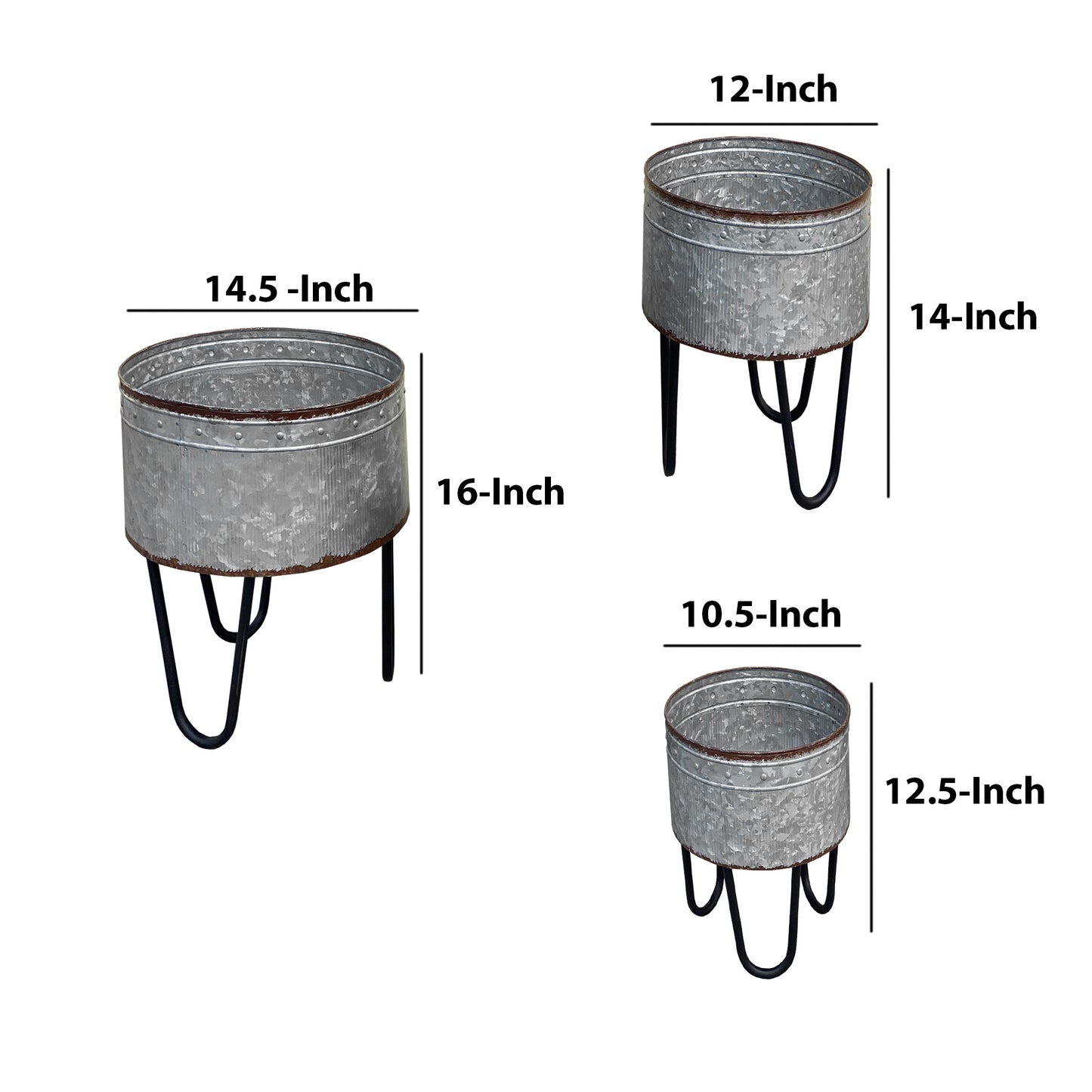 Galvanized Sheet Planter Tubs, Iron Powder Coated Hairpin Legs, Set of 3, Gray, Black