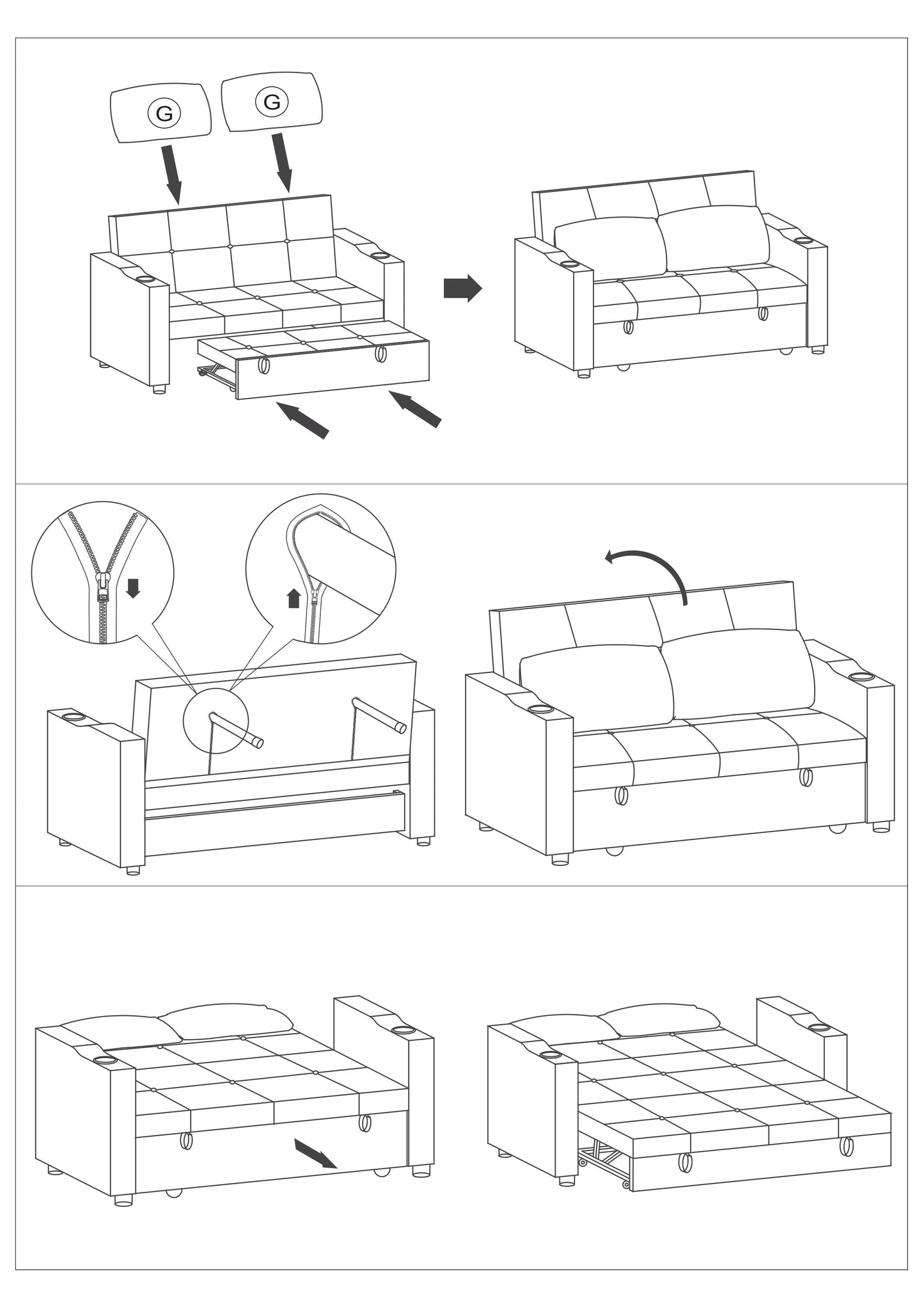 Contemporary Charcoal Sleeper Sofa Pillows Plush Tufted Seat 1pc Convertible Sofa w Cup Holder Polyfiber Couch Living Room Furniture