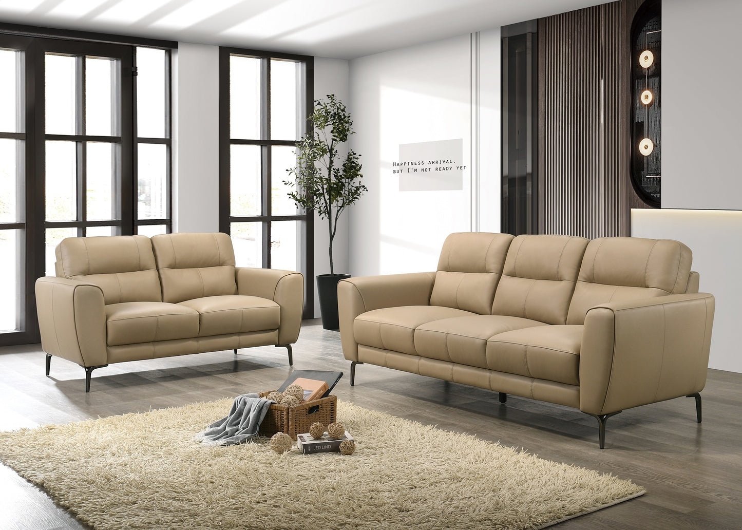 Taupe Color Top Grain Leather 2pc Sofa Set Sofa And Loveseat Contemporary Living Room Furniture Full Leather Couch