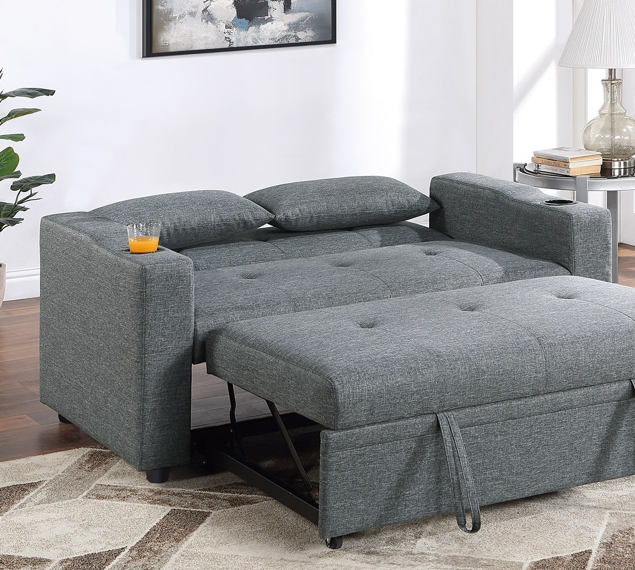 Contemporary Black Gray Sleeper Sofa Pillows Plush Tufted Seat 1pc Convertible Sofa w Cup Holder Polyfiber Couch Living Room Furniture