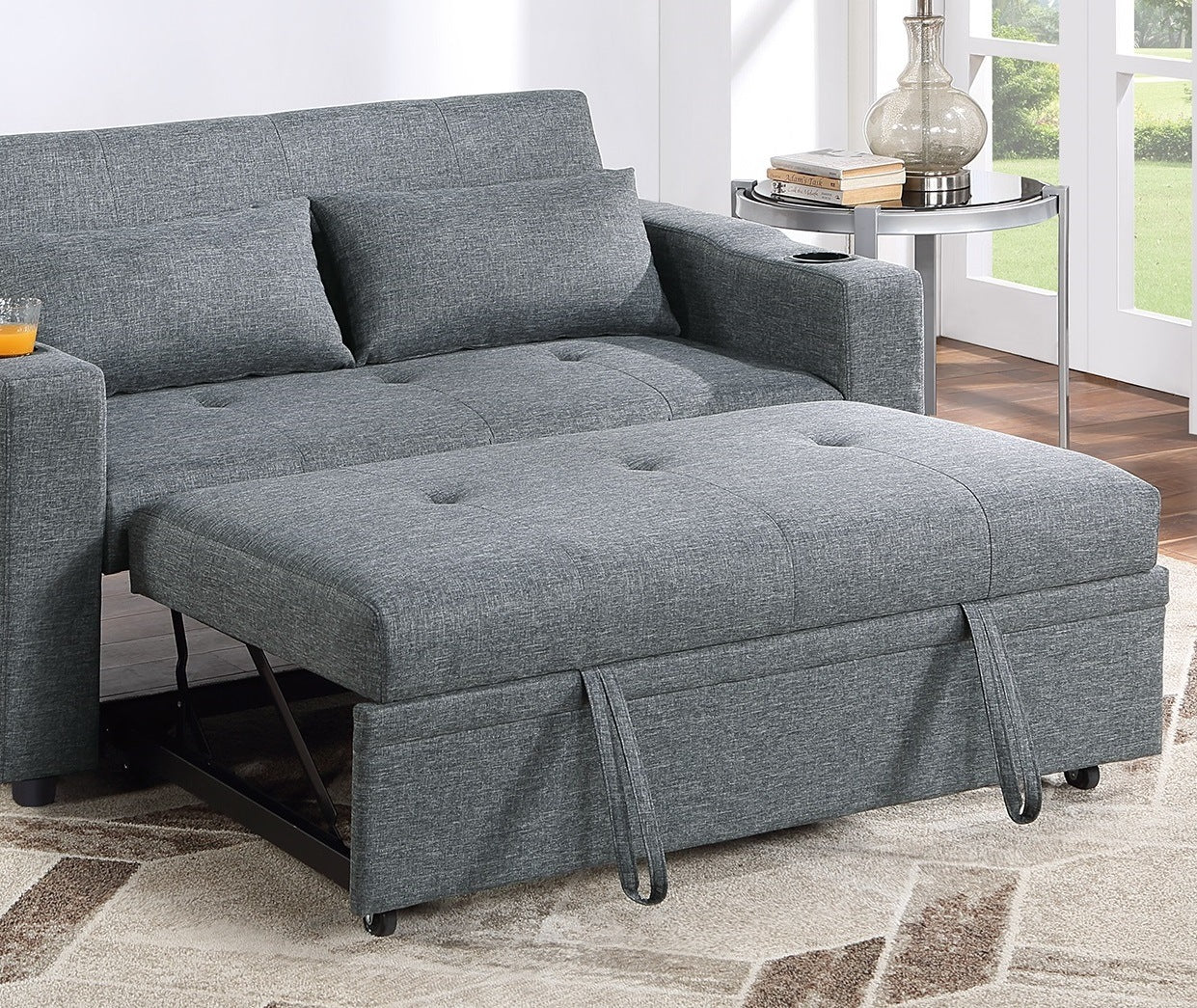 Contemporary Black Gray Sleeper Sofa Pillows Plush Tufted Seat 1pc Convertible Sofa w Cup Holder Polyfiber Couch Living Room Furniture