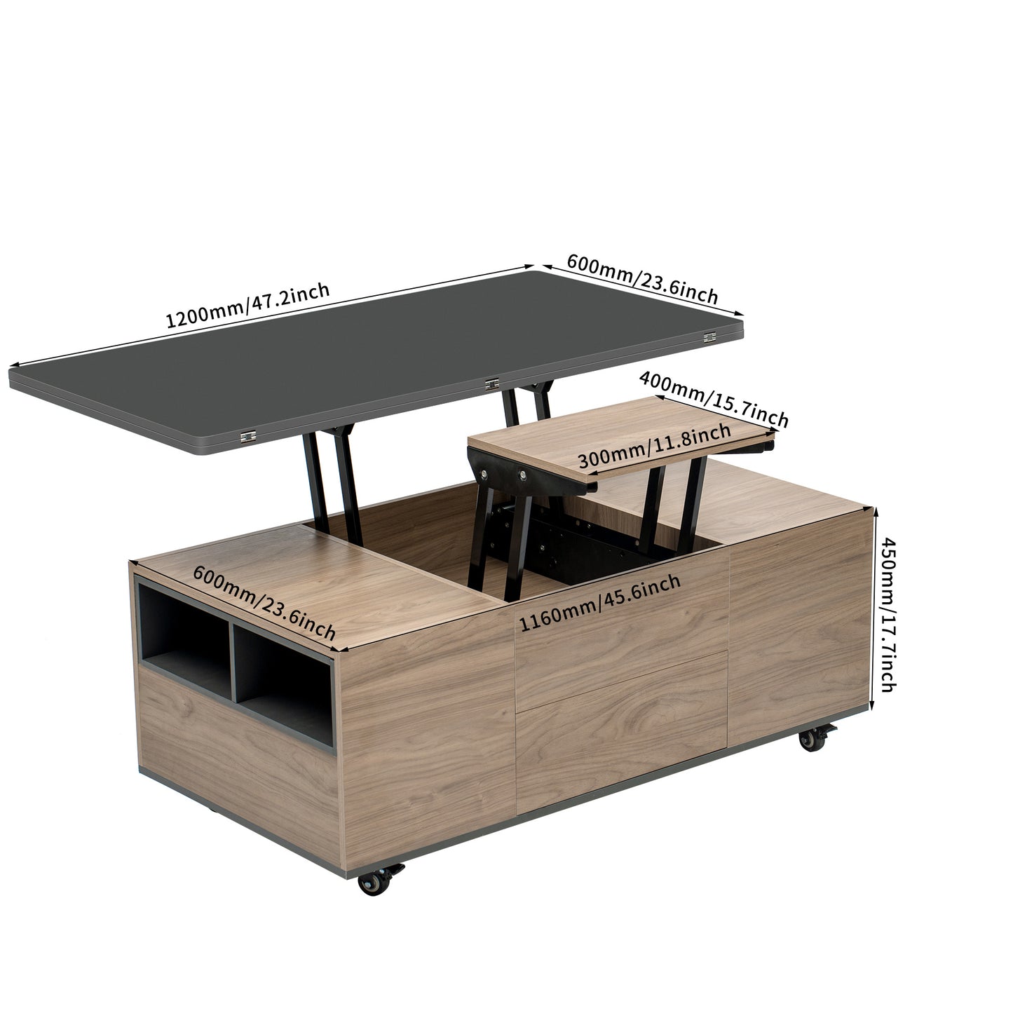 Modern Lift Top Coffee Table Multi Functional Table with 3 Drawers in Walnut & Black