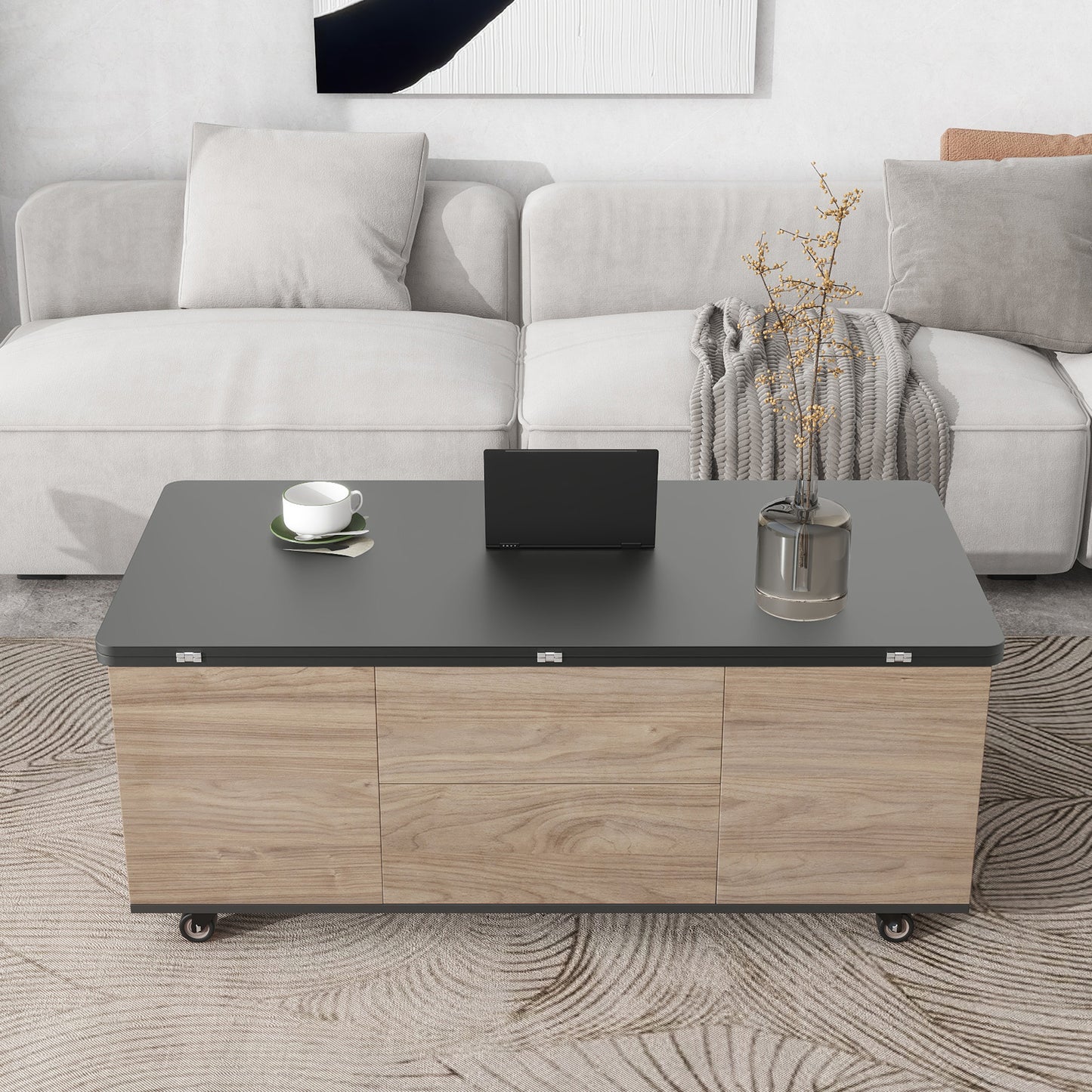 Modern Lift Top Coffee Table Multi Functional Table with 3 Drawers in Walnut & Black