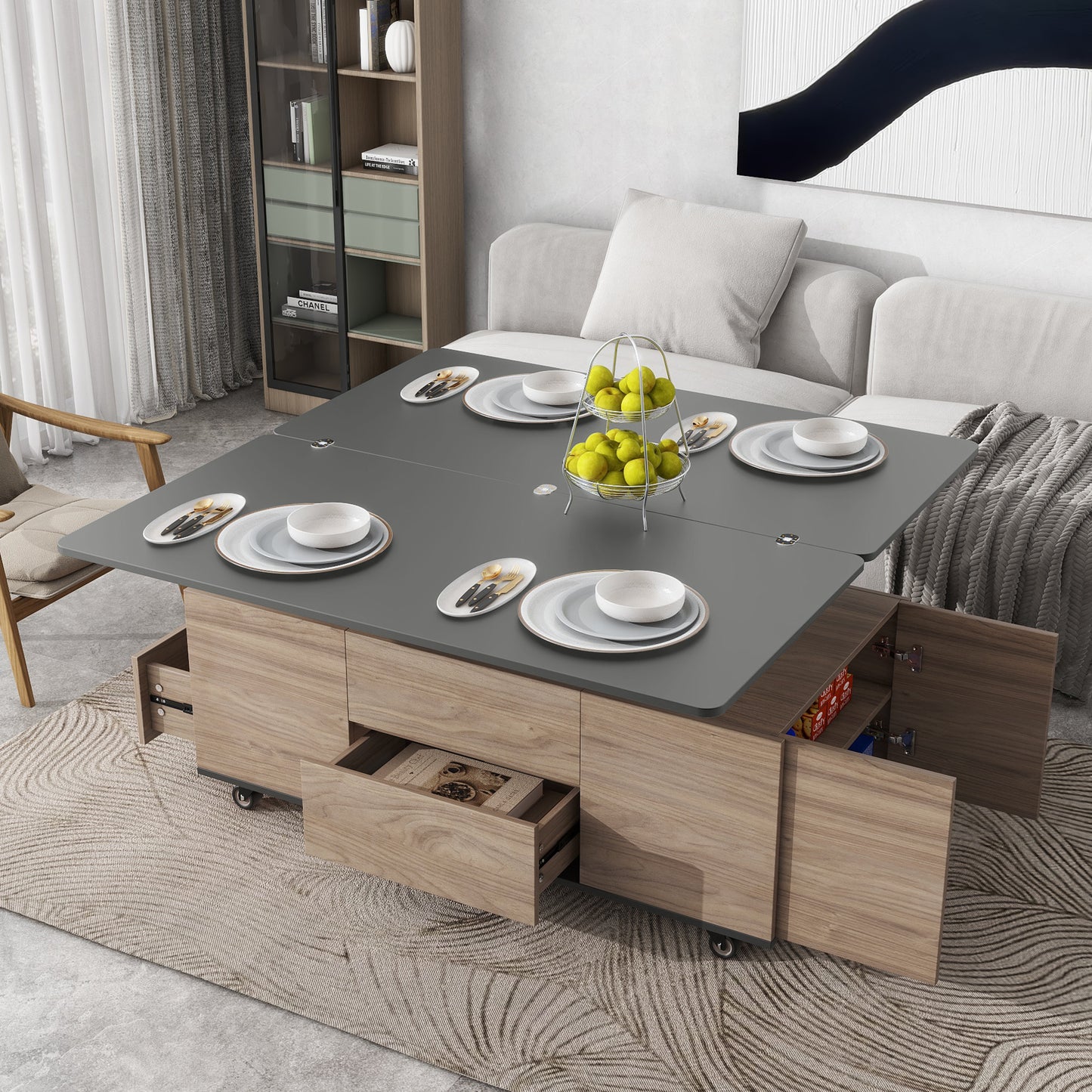 Modern Lift Top Coffee Table Multi Functional Table with 3 Drawers in Walnut & Black